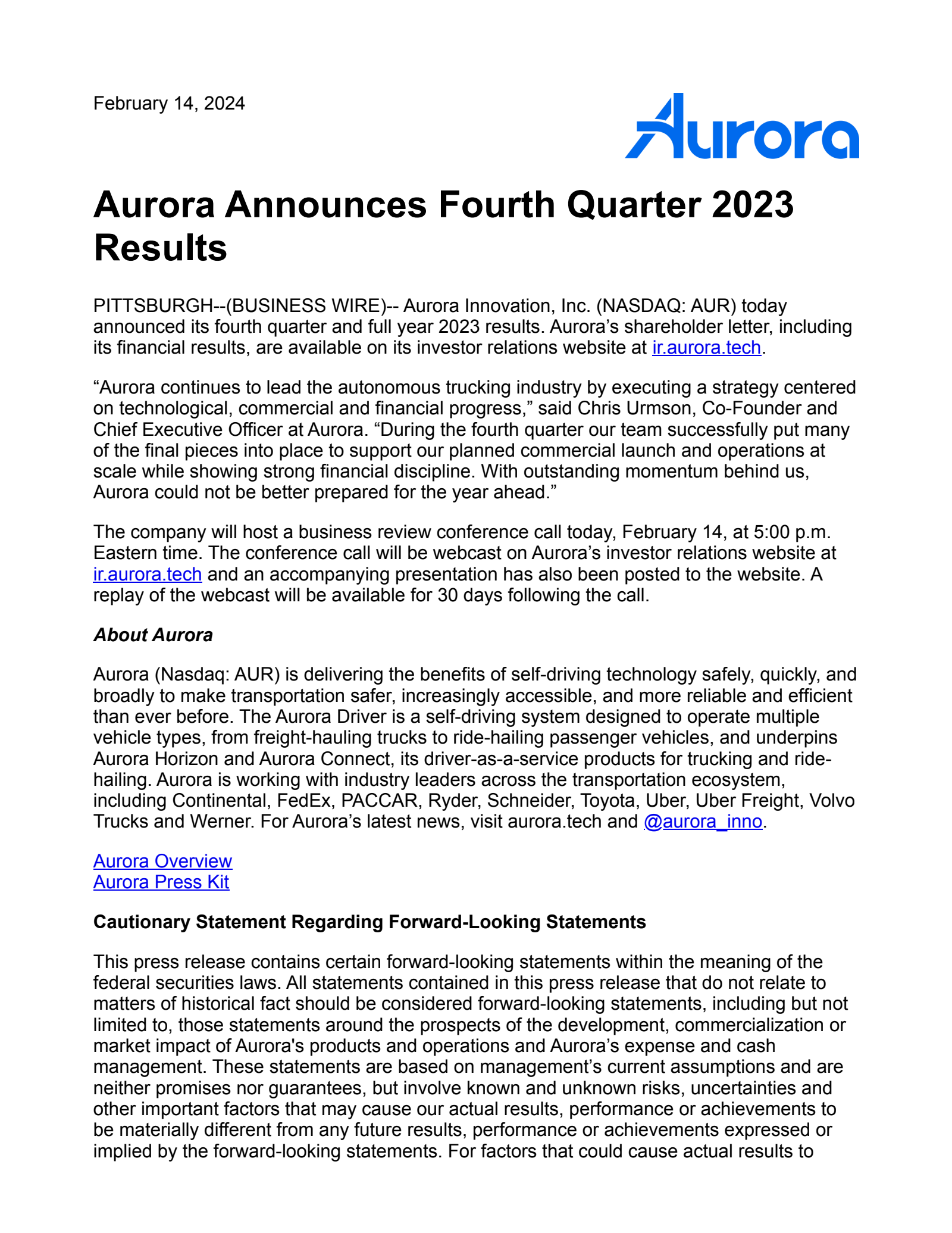 Aurora Innovation's Q4 2023 Earnings Release