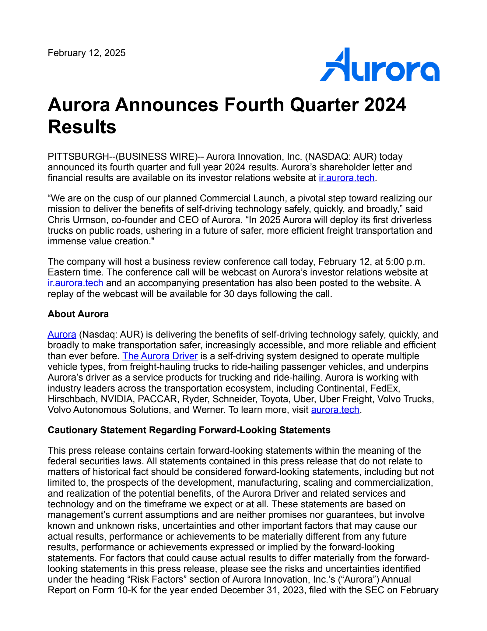 Aurora Innovation's Q4 2024 Earnings Release
