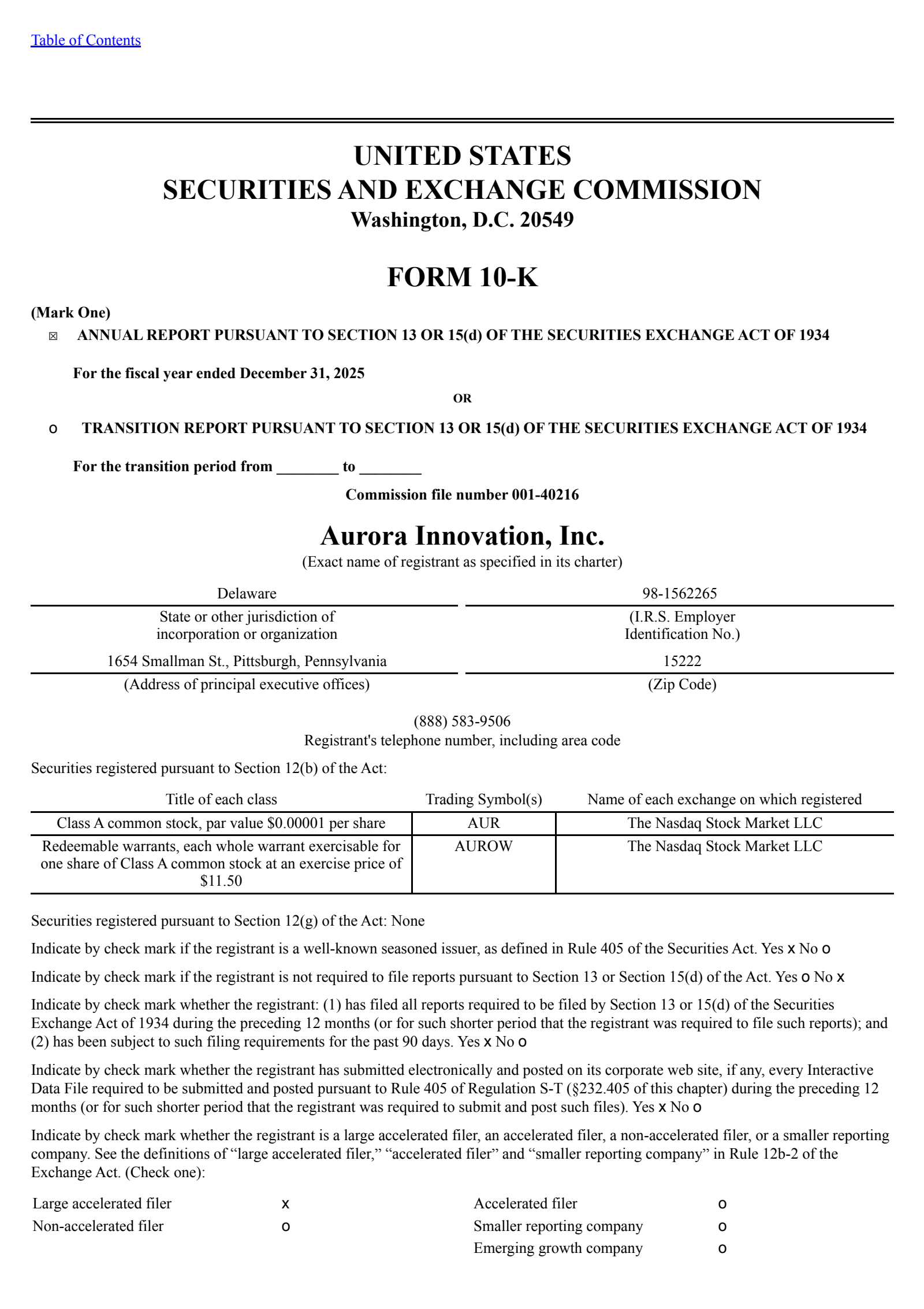 Aurora Innovation's Q4 2025 Annual report