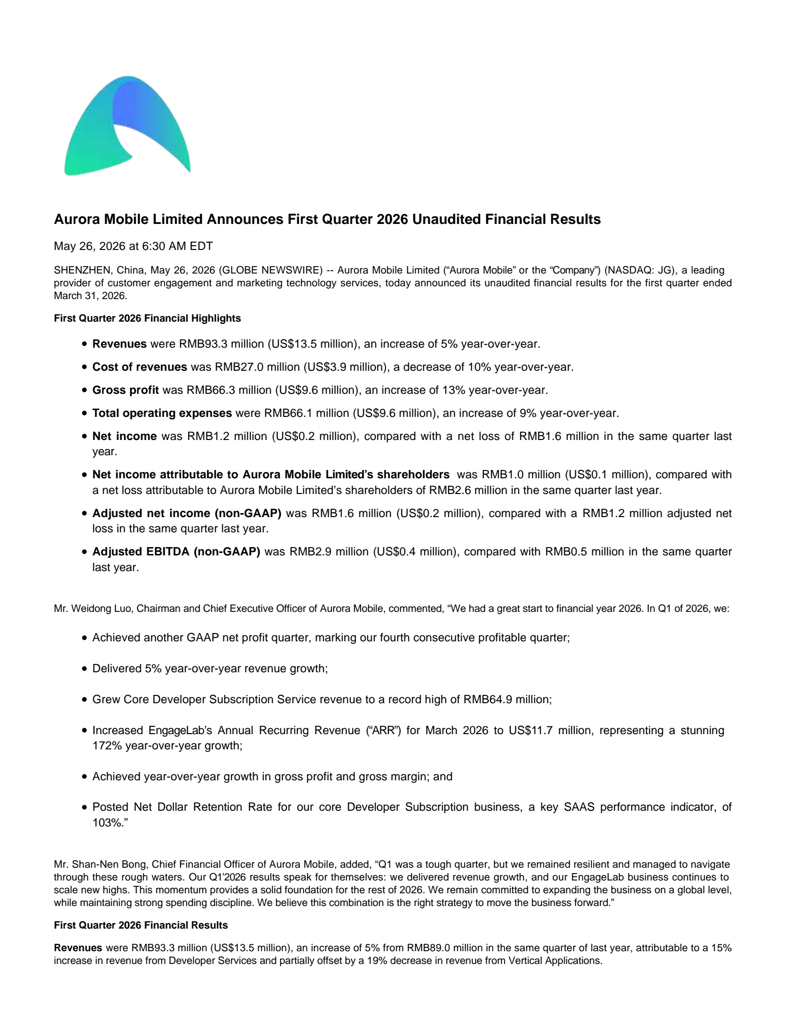 Aurora Mobile's Q1 2026 Press Release