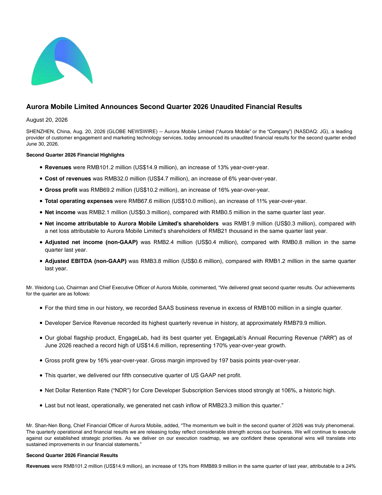 Aurora Mobile's Q2 2026 Press Release