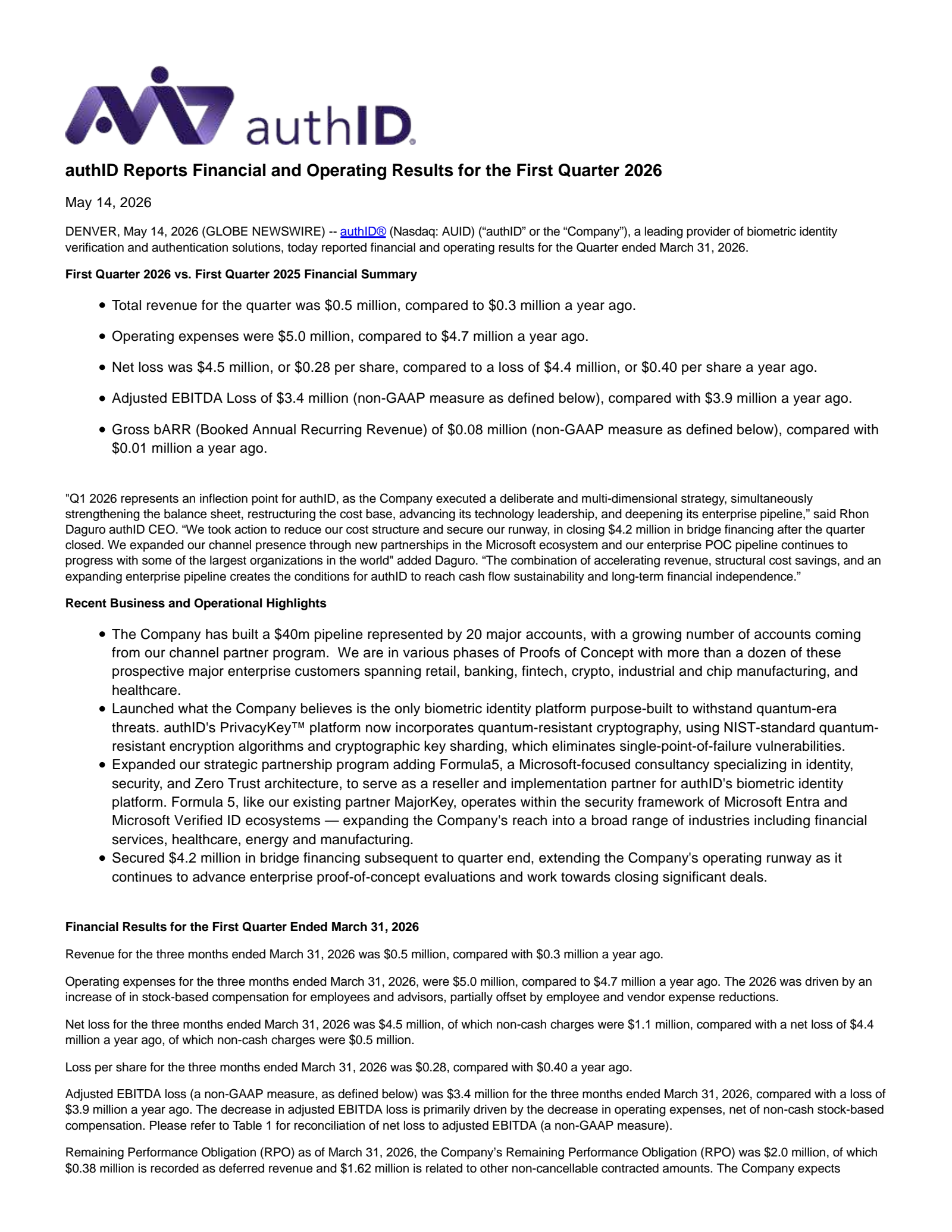 authID's Q1 2026 Press Release