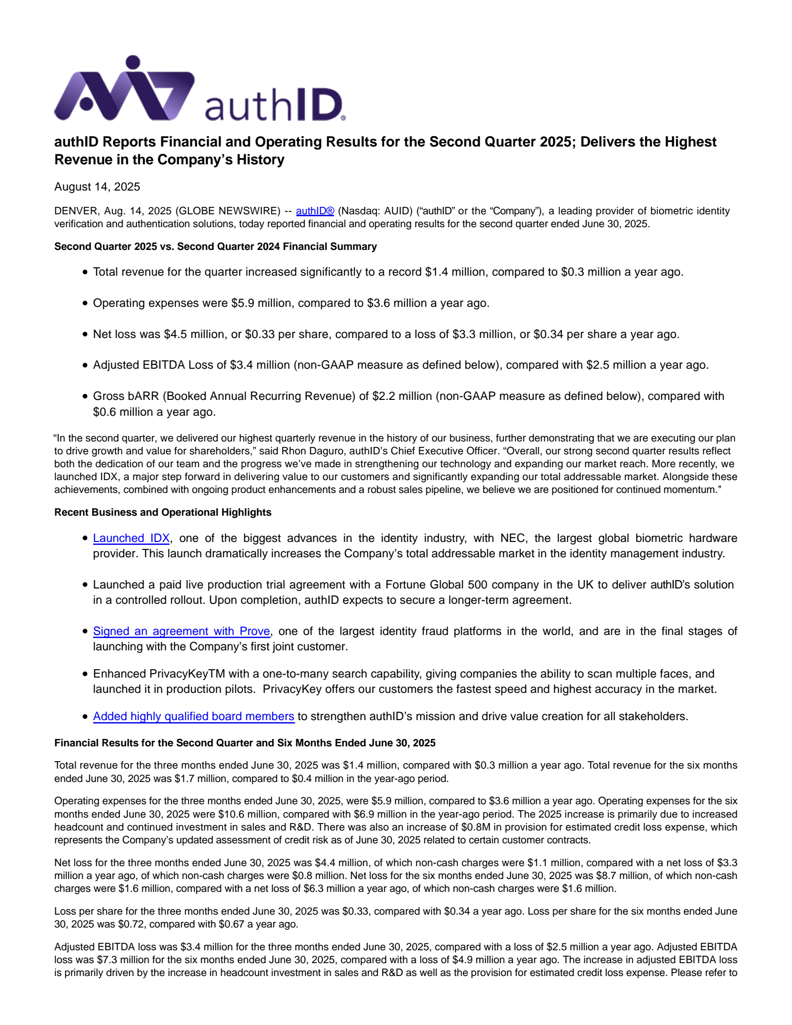 authID's Q2 2025 Press Release
