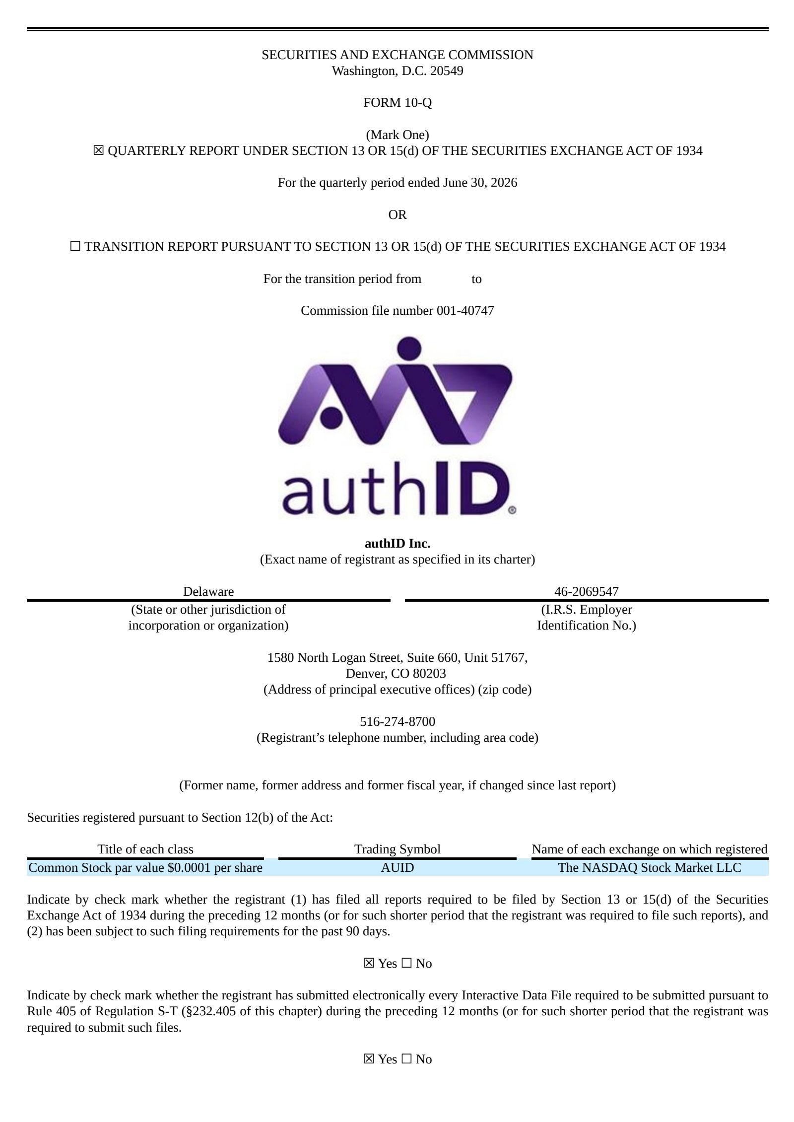 authID's Q2 2026 Quarterly report