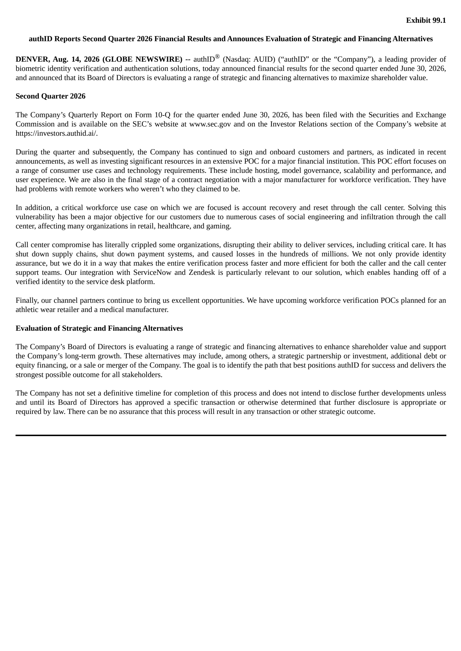 authID's Q2 2026 Press Release