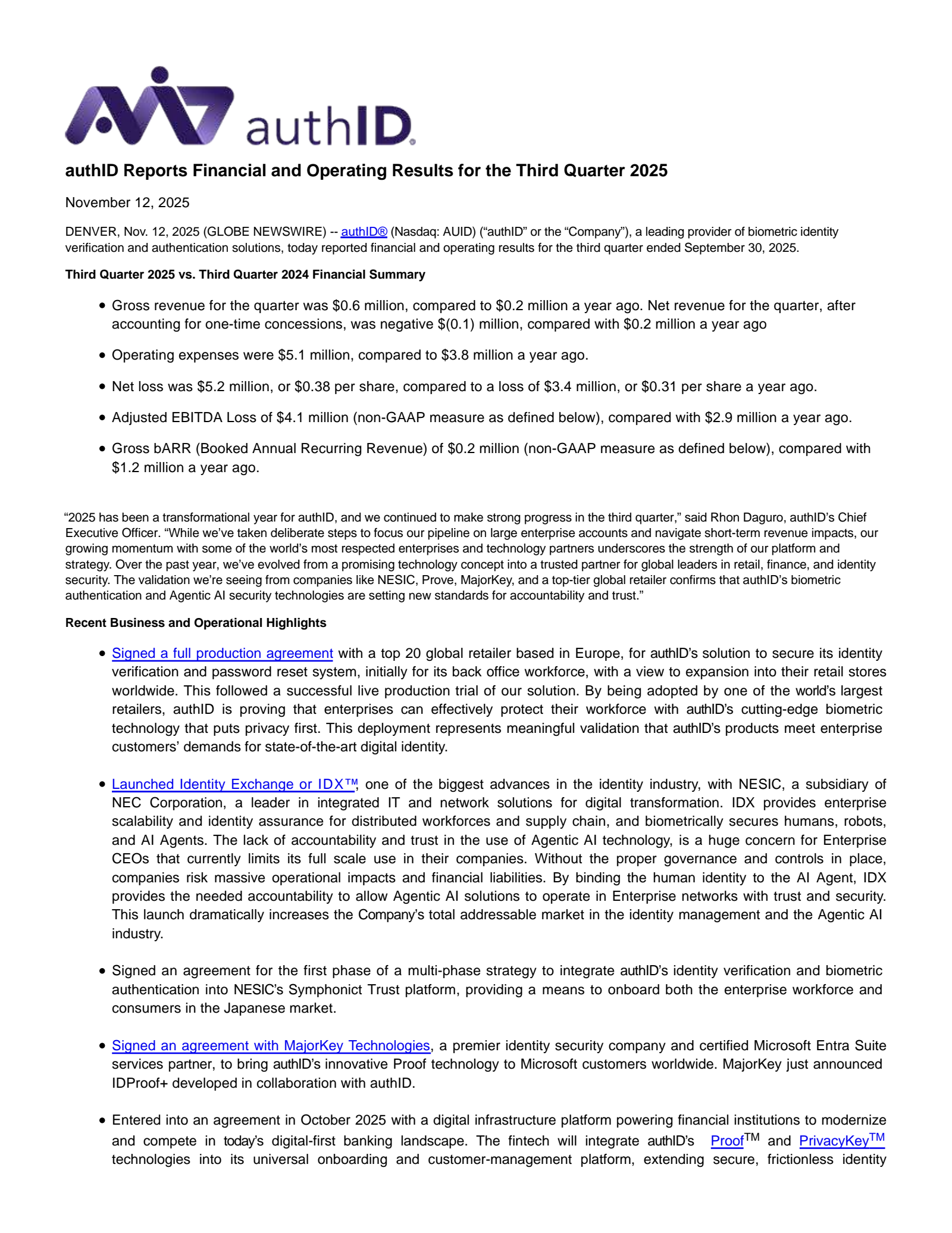 authID's Q3 2025 Earnings Release