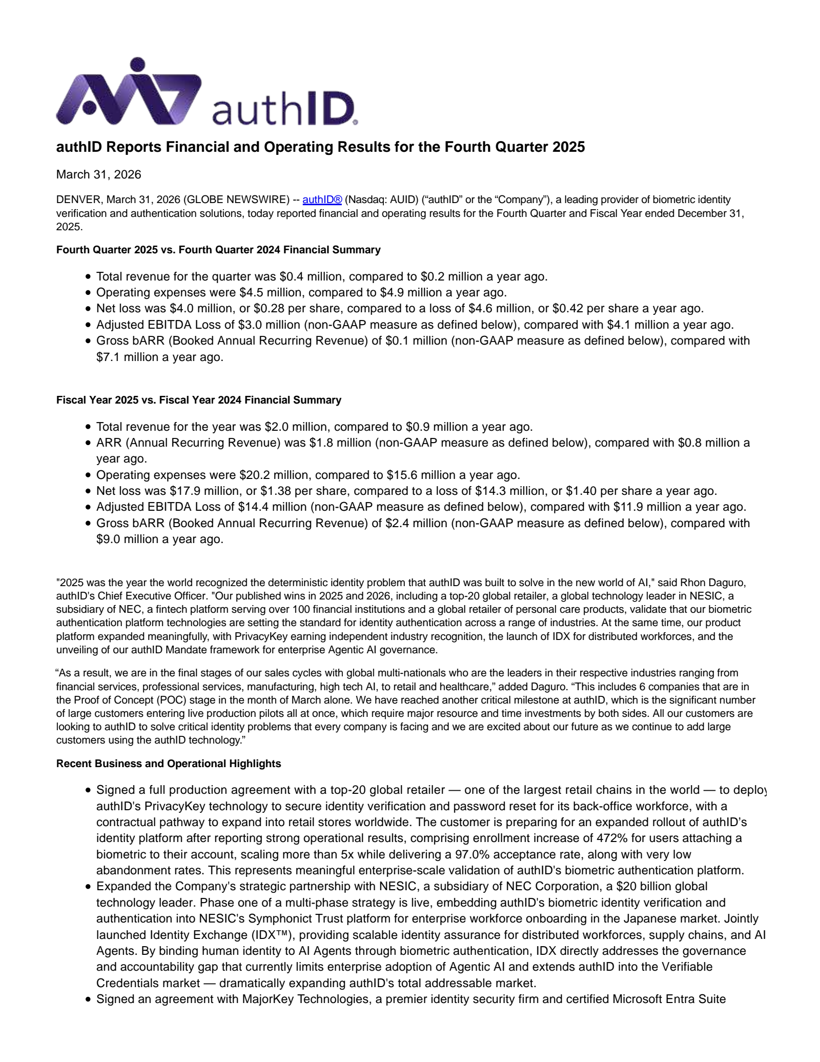authID's Q4 2025 Press Release
