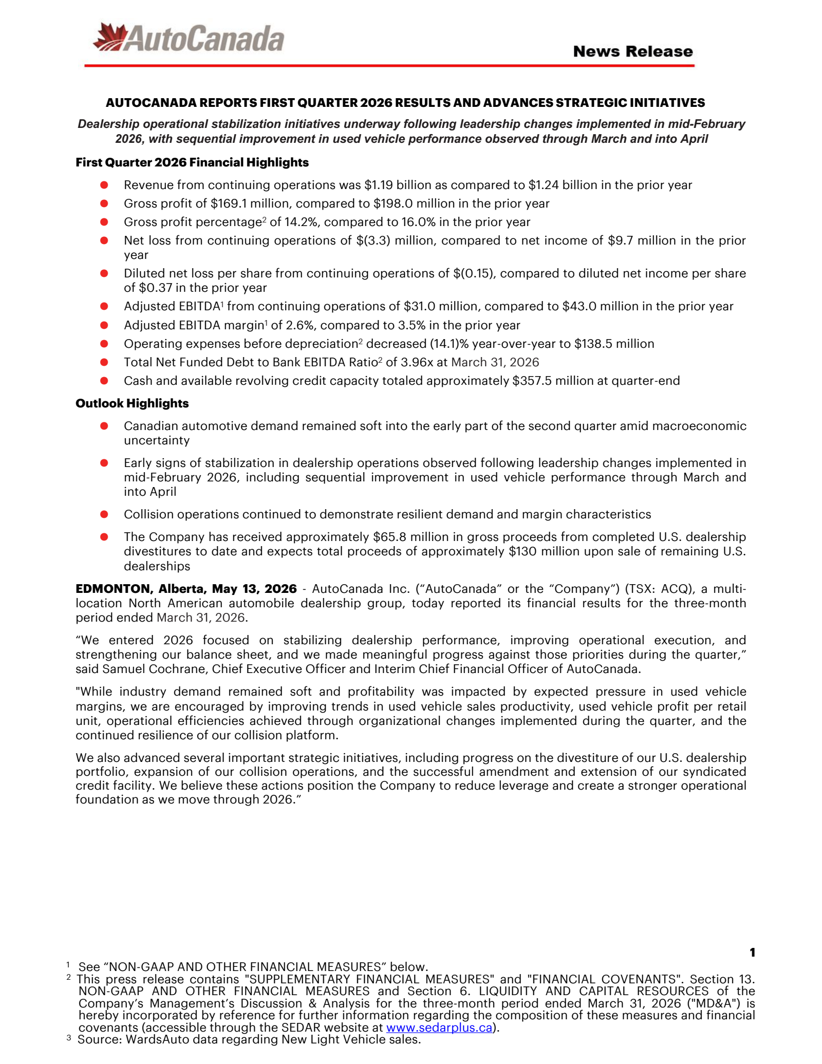 AutoCanada's Q1 2026 Press Release
