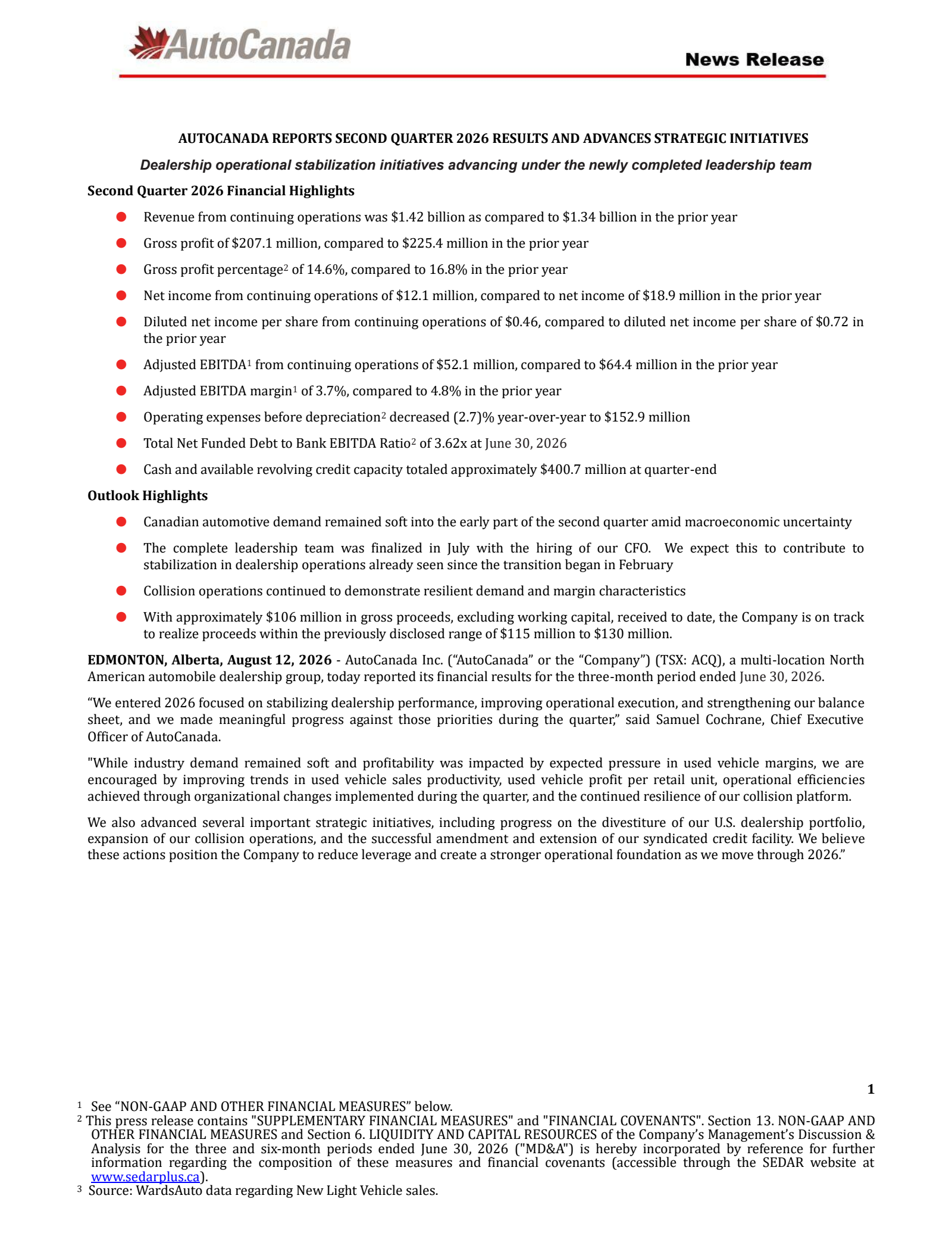 AutoCanada's Q2 2026 Press Release