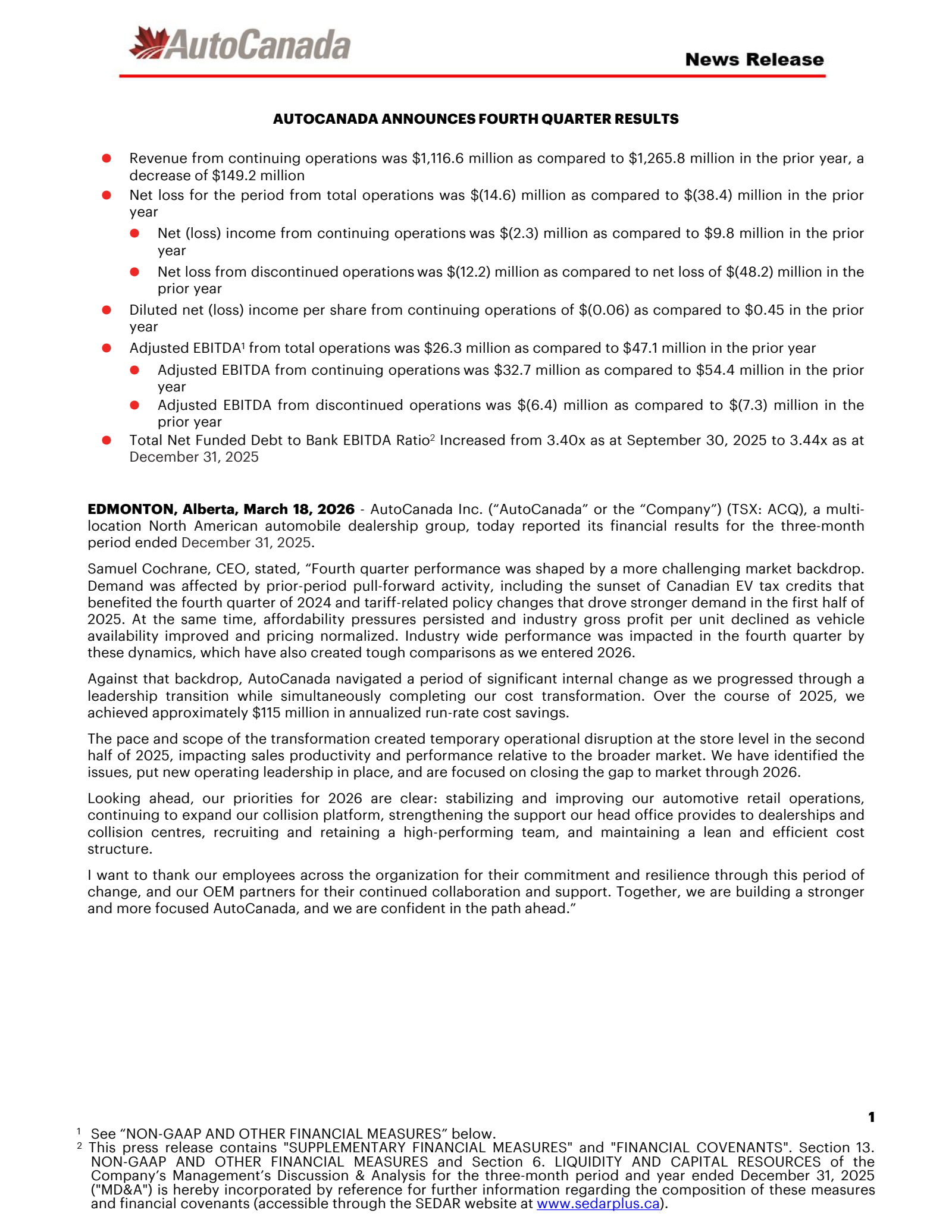 AutoCanada's Q4 2025 Press Release