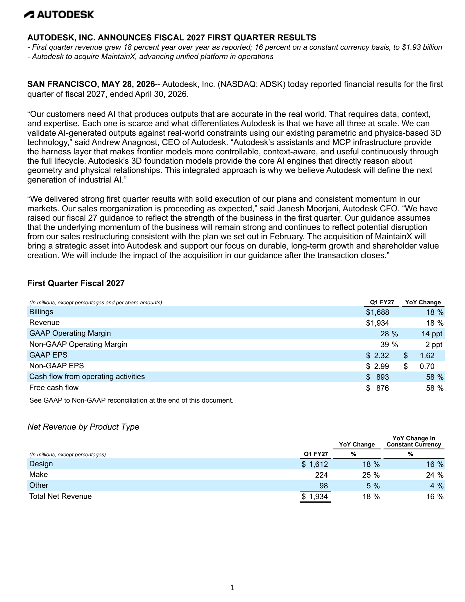Autodesk's Q1 2027 Press Release