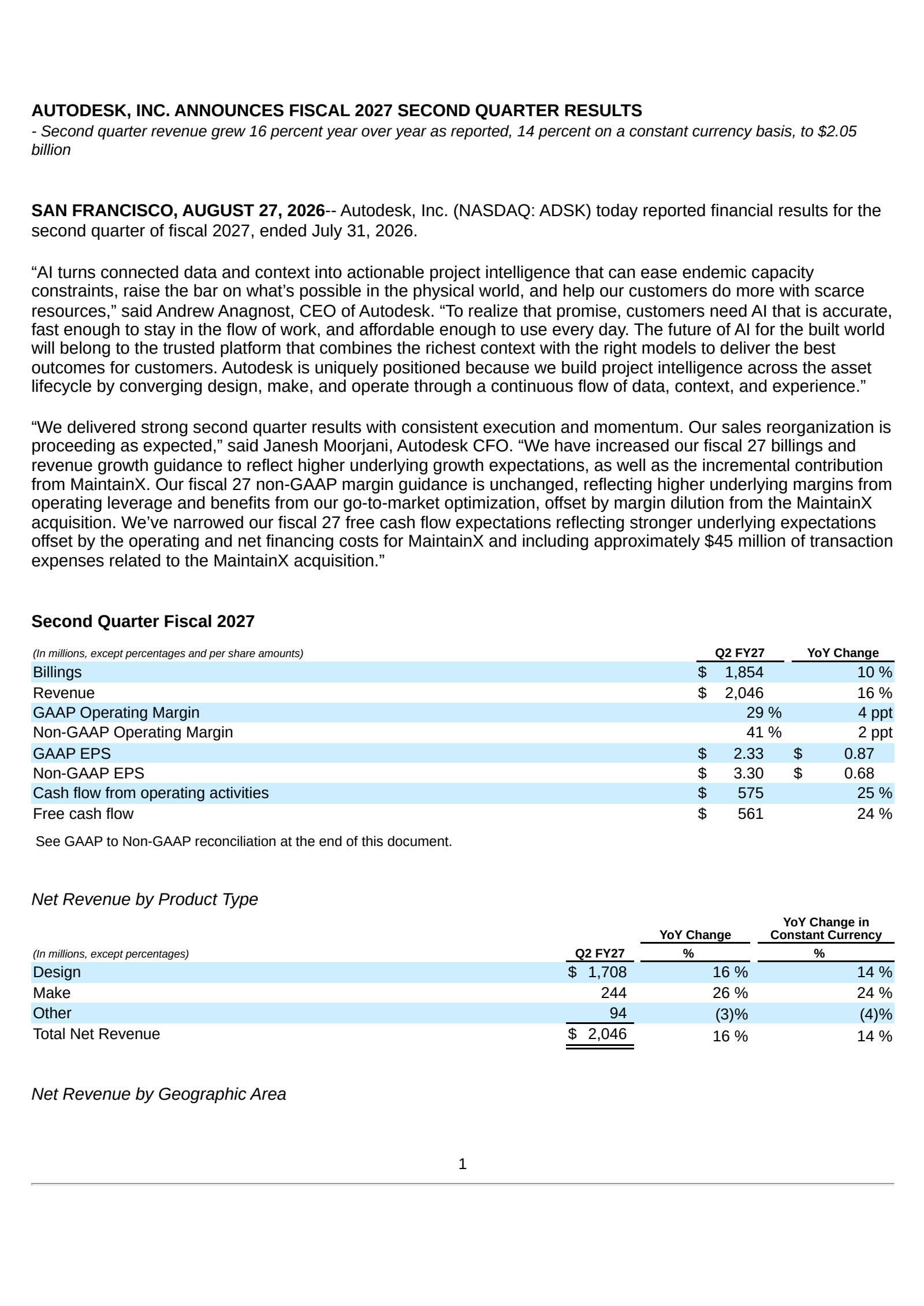 Autodesk's Q2 2027 Press Release