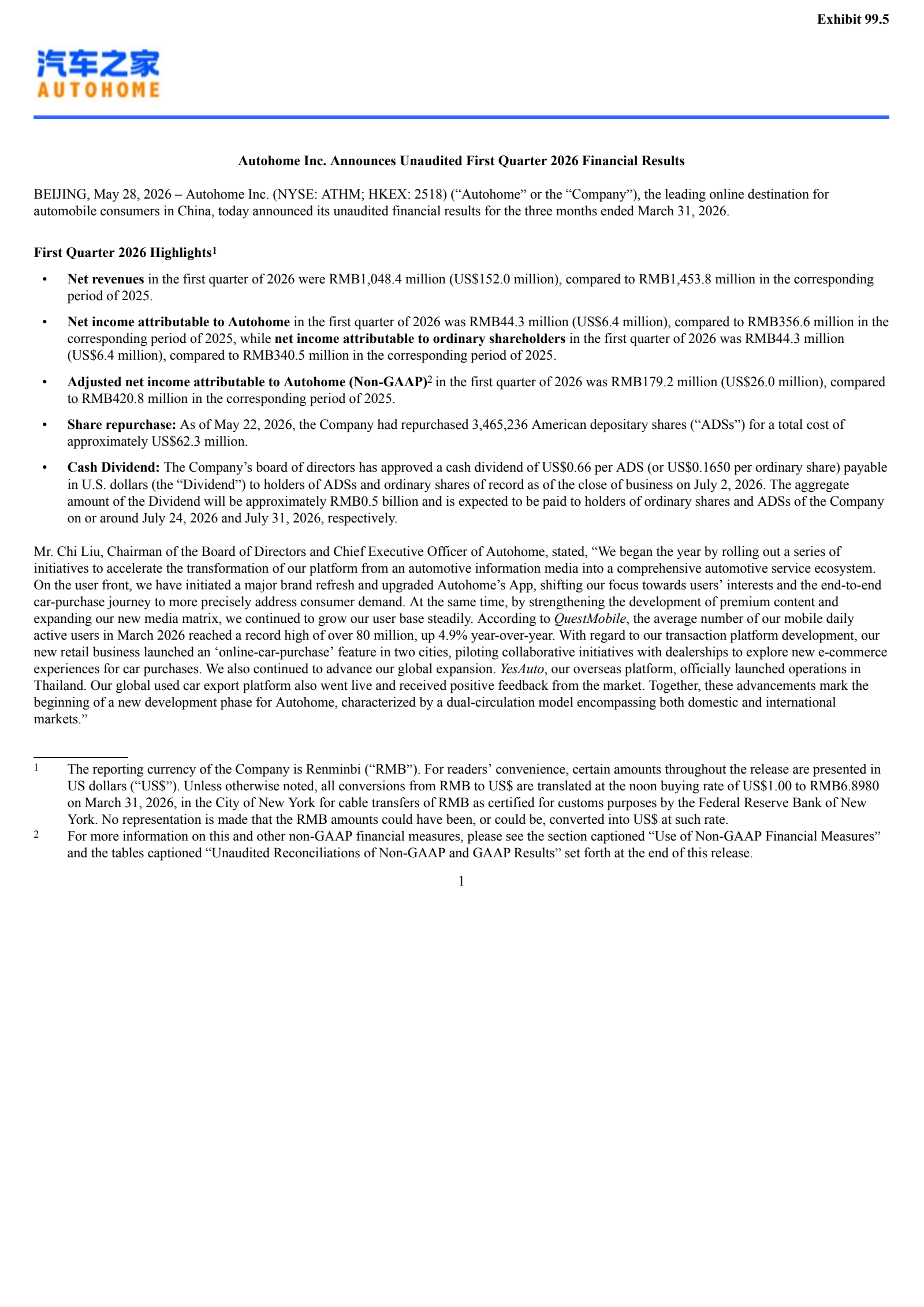 Autohome's Q1 2026 Press Release