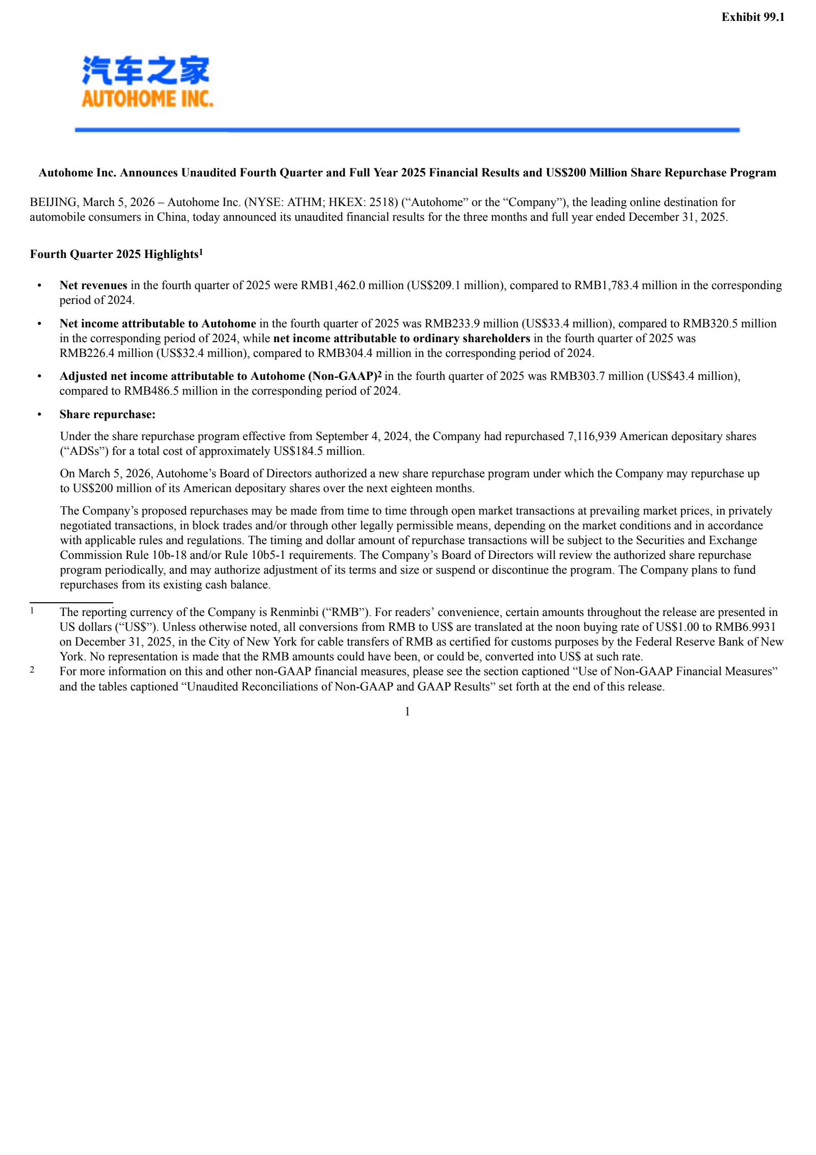 Autohome's Q4 2025 Press Release