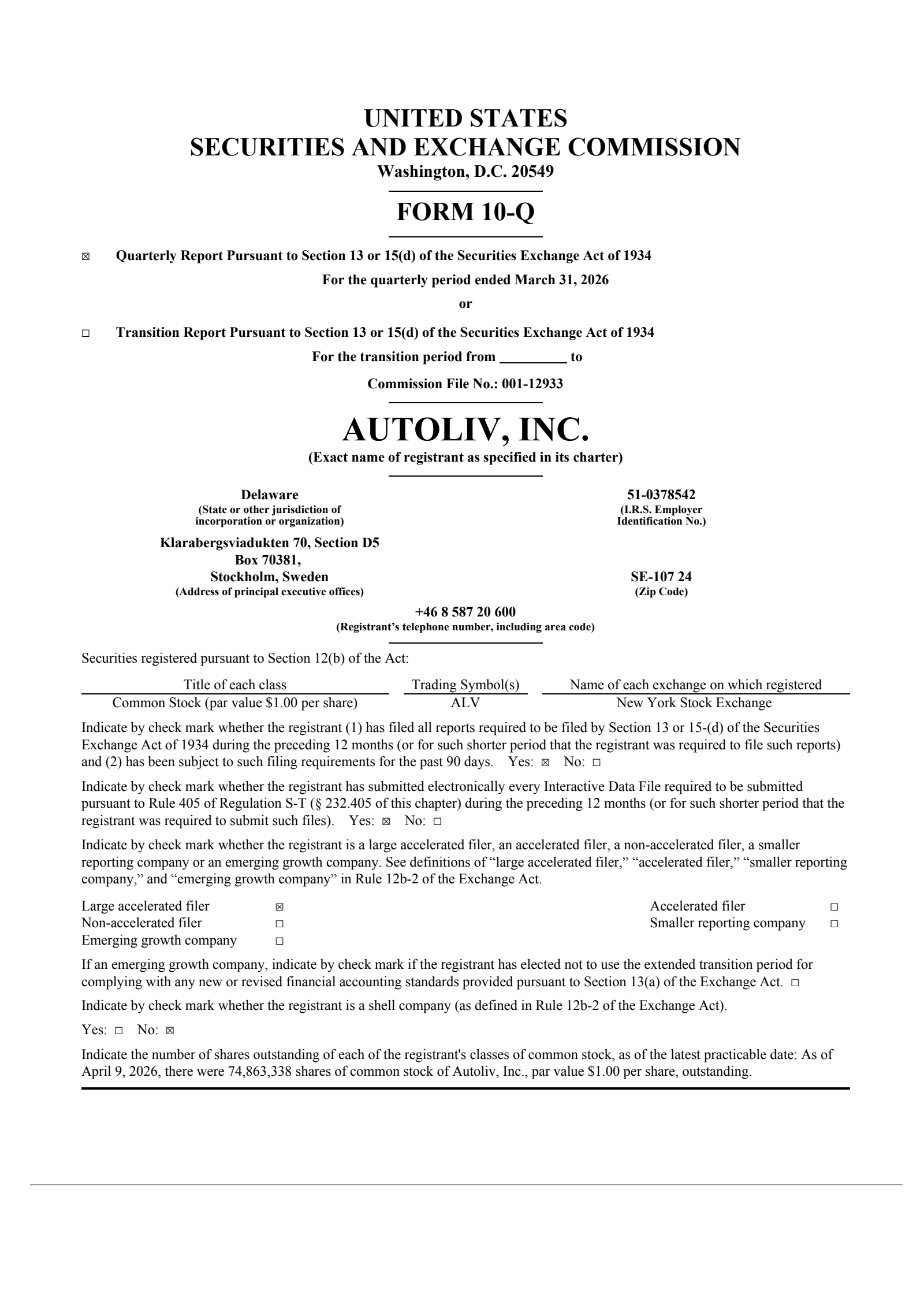 Autoliv's Q1 2026 Quarterly report