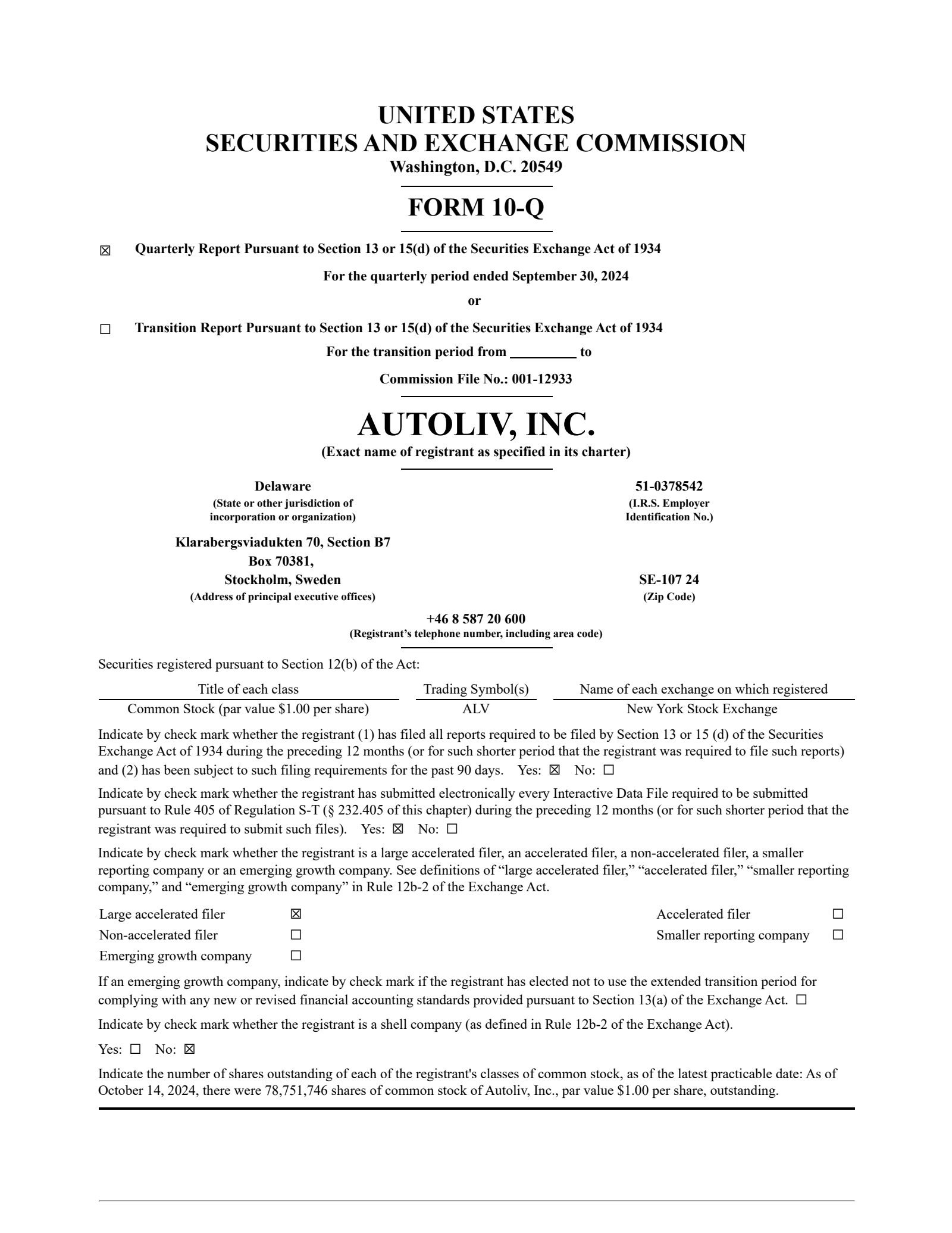 Autoliv's Q3 2024 Quarterly Report