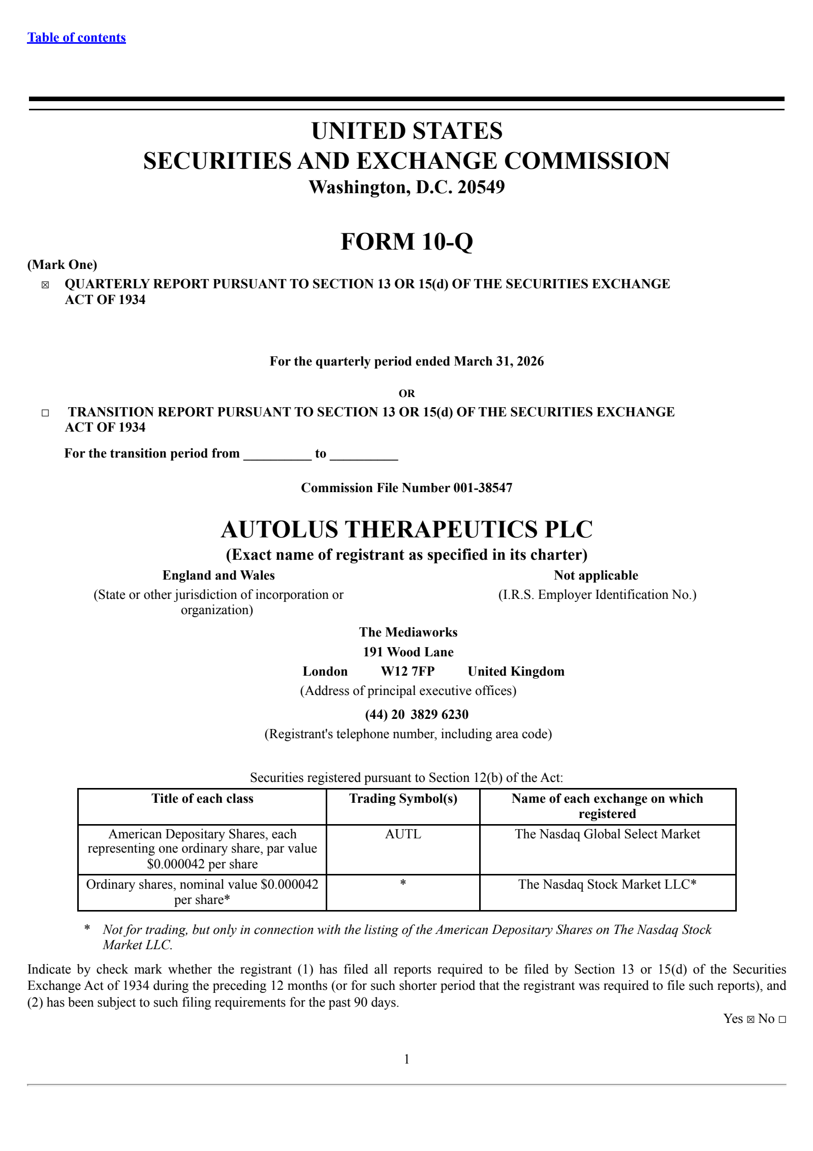 Autolus Therapeutics' Q1 2026 Quarterly report