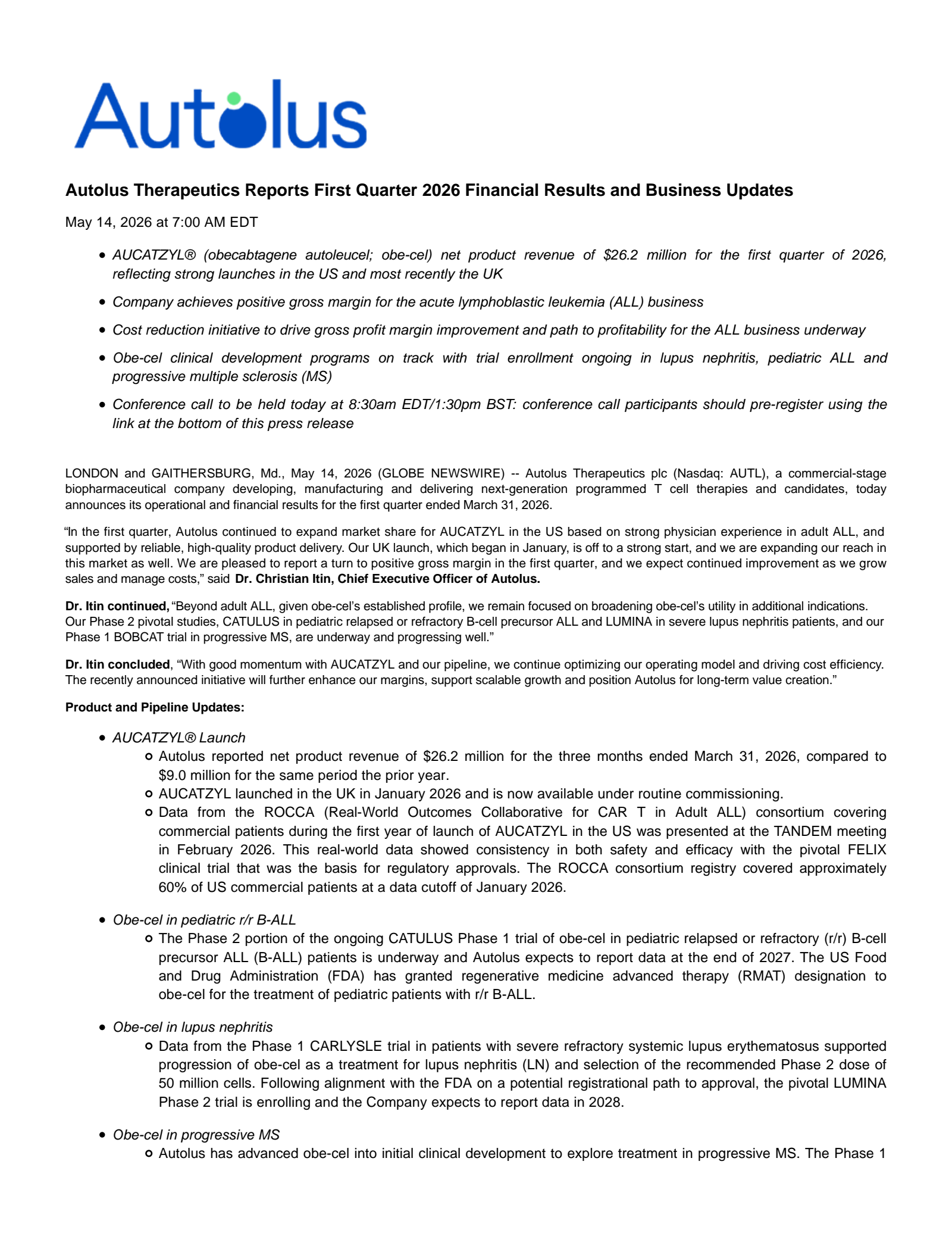 Autolus Therapeutics' Q1 2026 Press Release