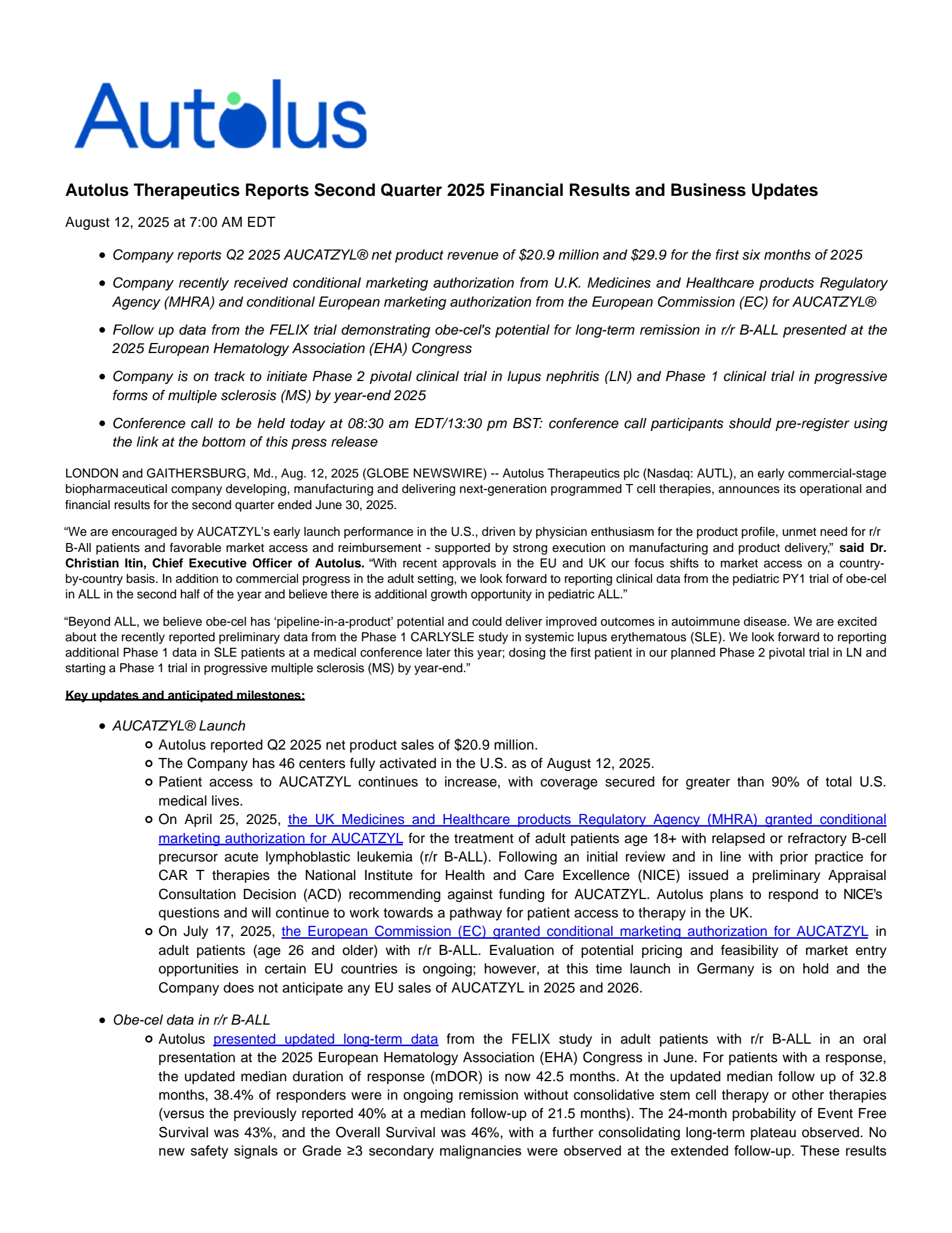 Autolus Therapeutics' Q2 2025 Press Release