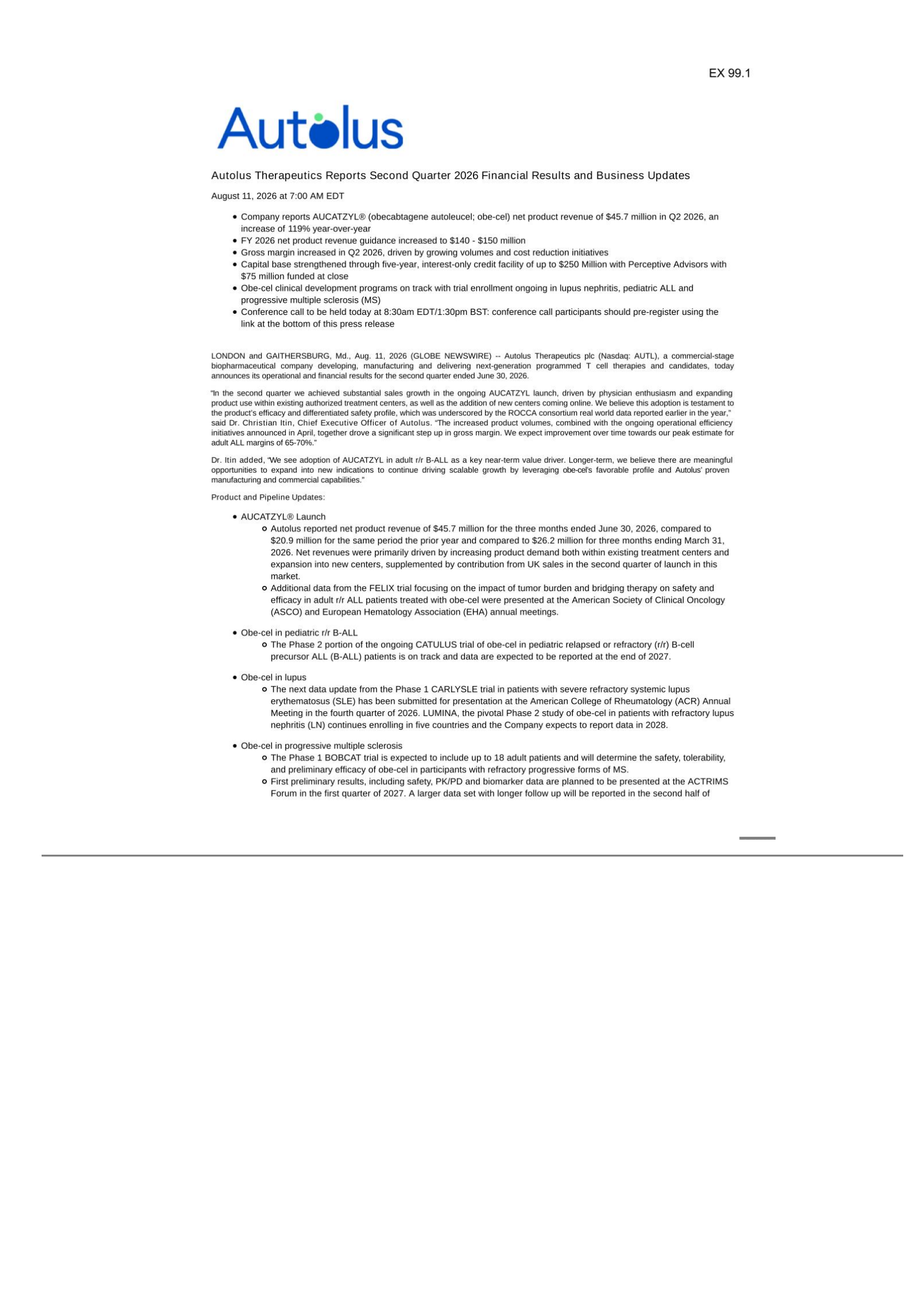 Autolus Therapeutics' Q2 2026 Press Release