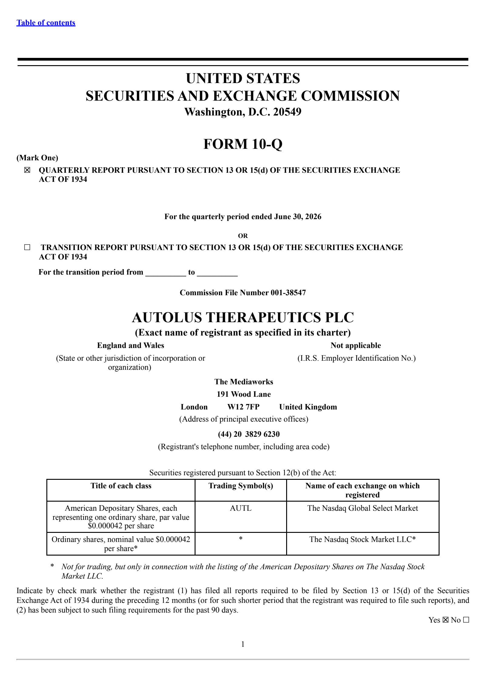 Autolus Therapeutics' Q2 2026 Quarterly report