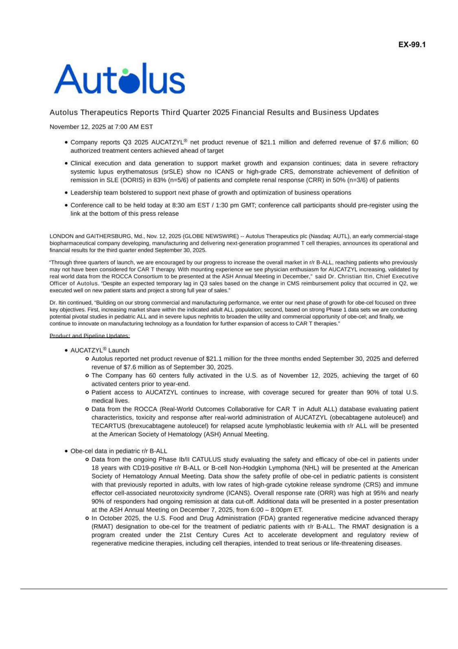 Autolus Therapeutics' Q3 2025 Earnings Release
