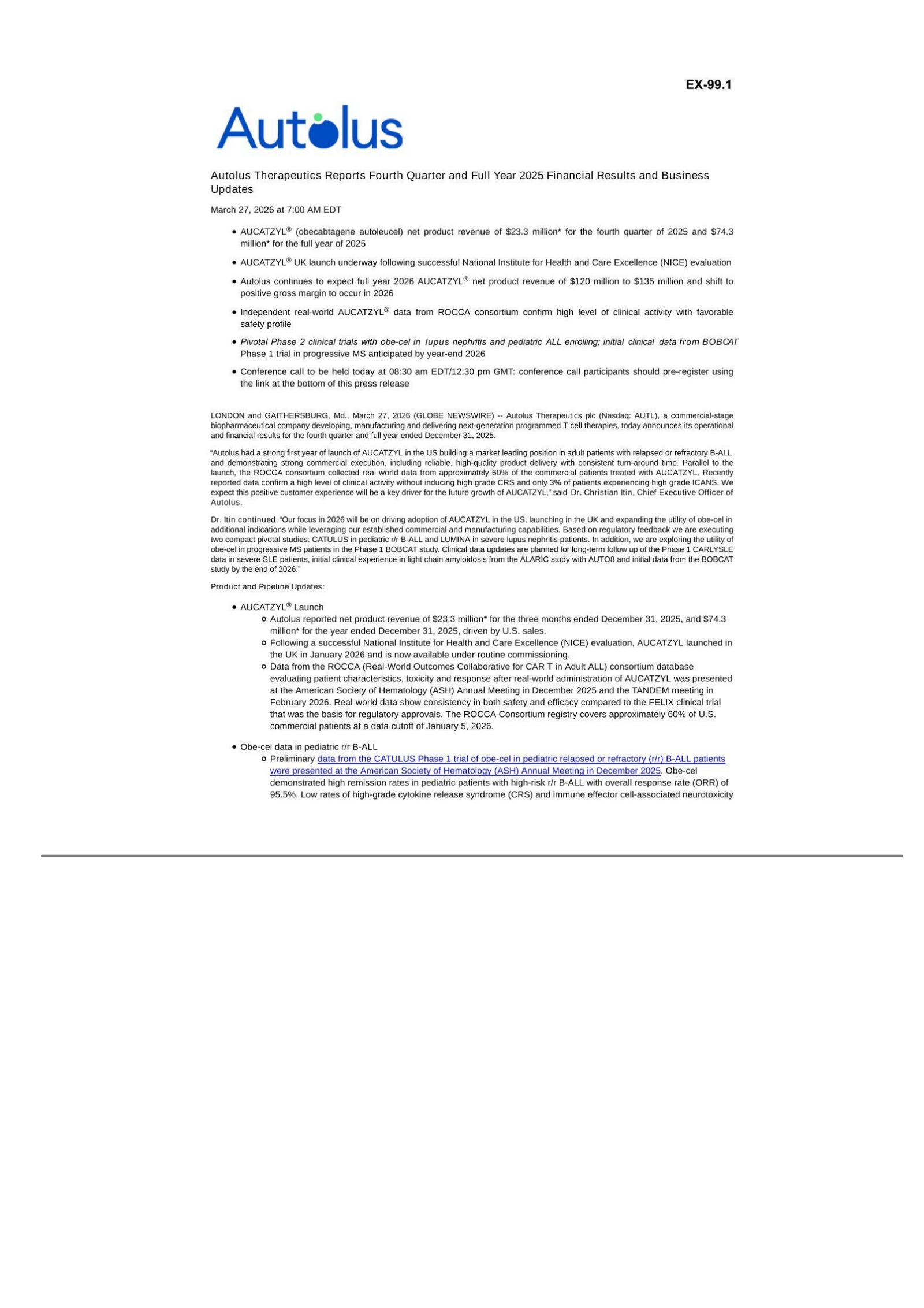 Autolus Therapeutics' Q4 2025 Press Release