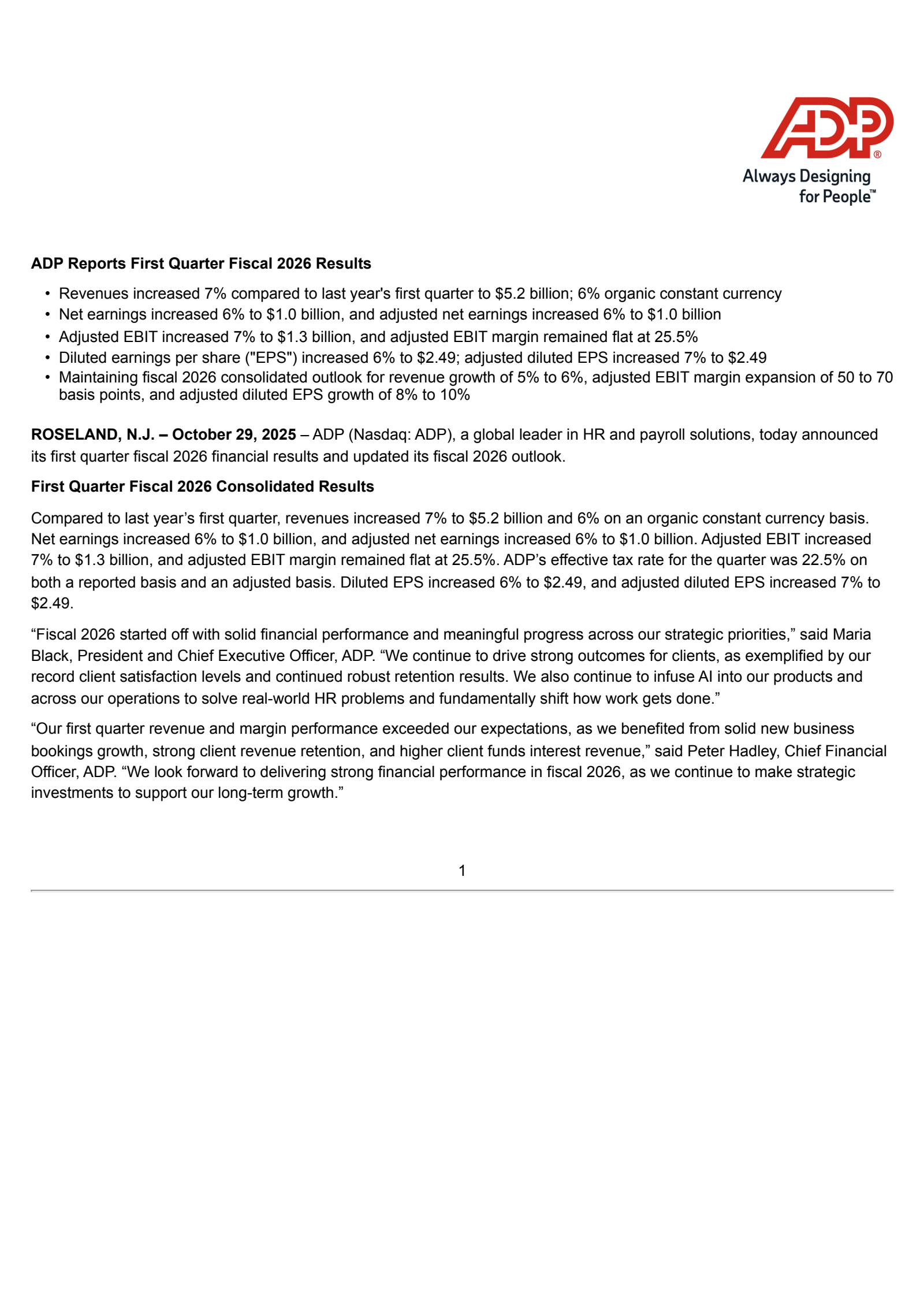 Automatic Data Processing's Q1 2026 Earnings Release