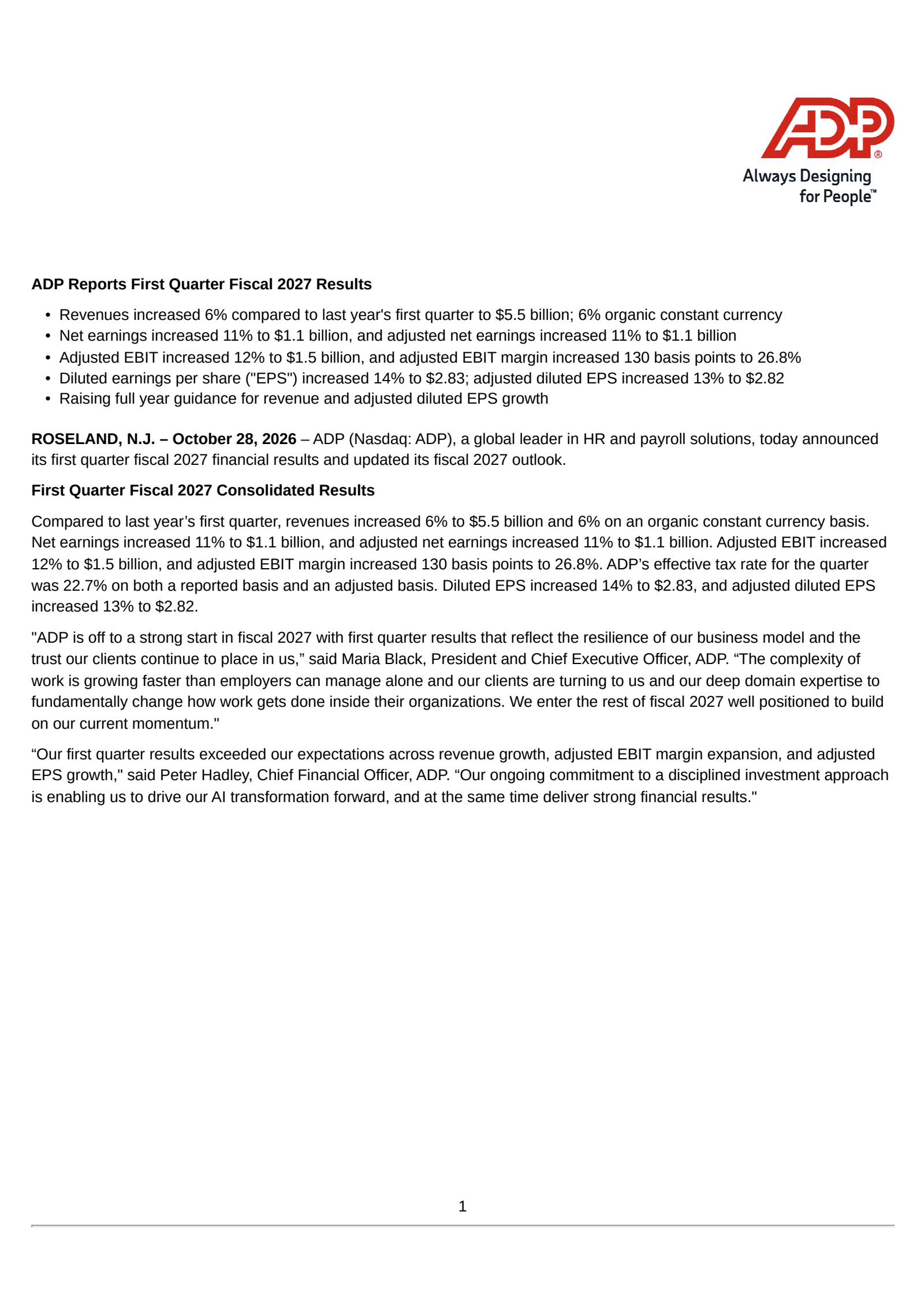 Automatic Data Processing (ADP) Q1 2027 Earnings Results & Call Transcript