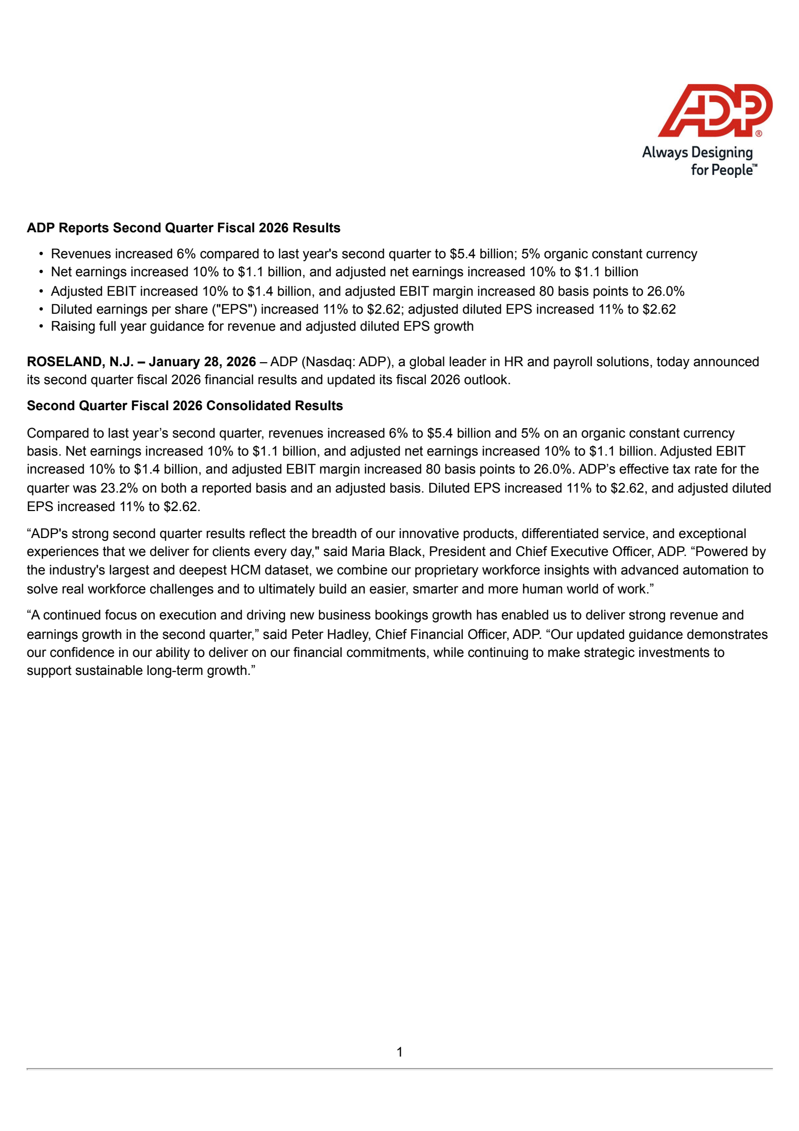 Automatic Data Processing's Q2 2026 Press Release