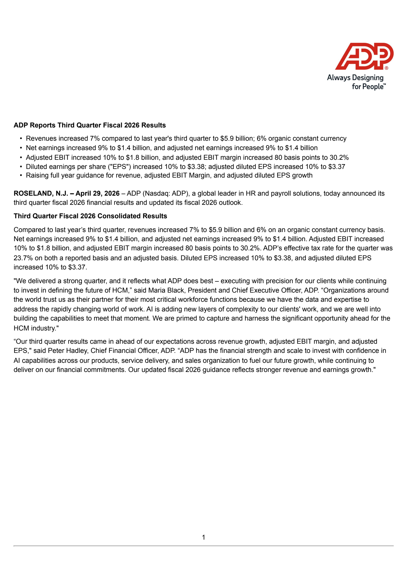 Automatic Data Processing's Q3 2026 Press Release