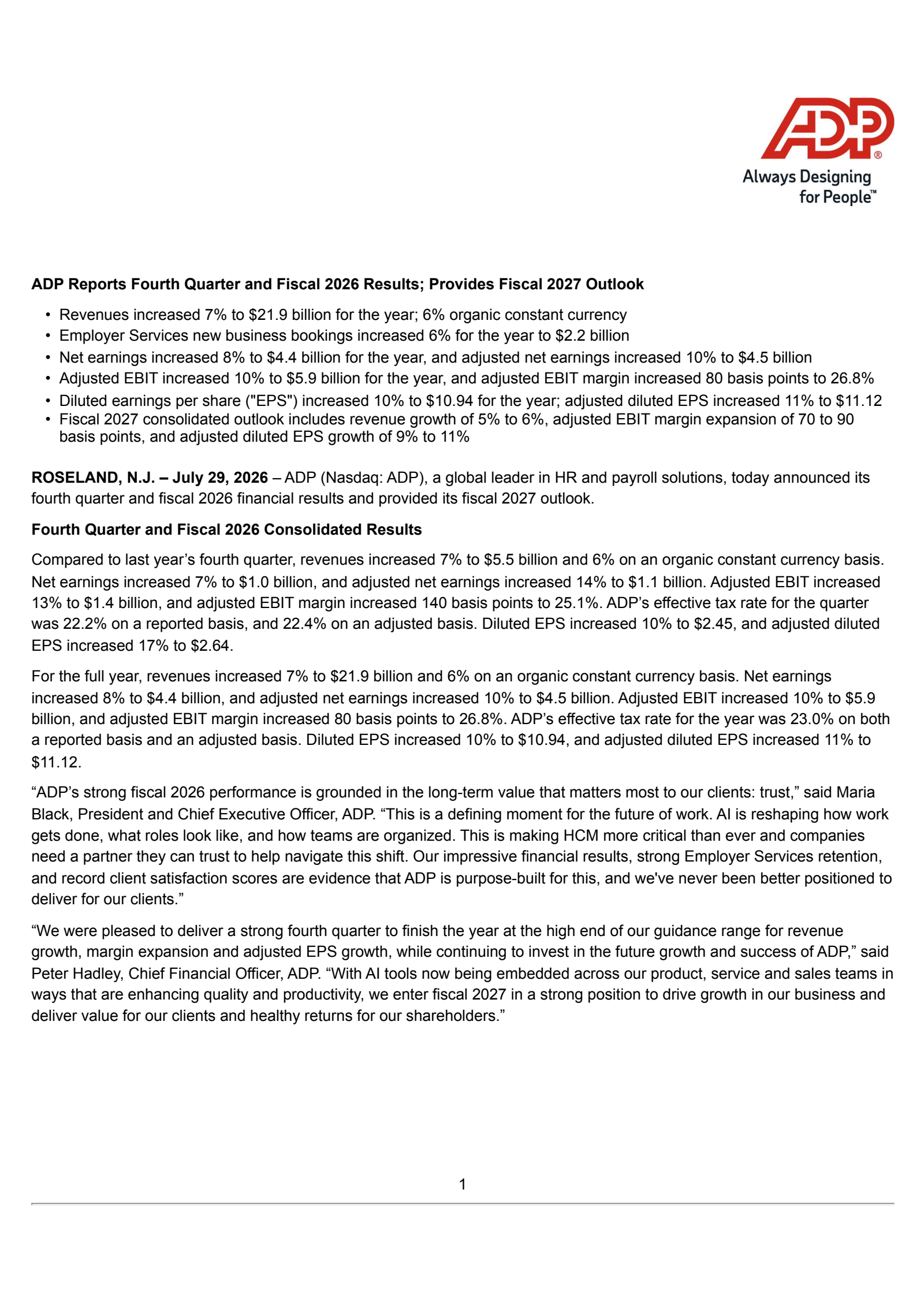 Automatic Data Processing's Q4 2026 Press Release