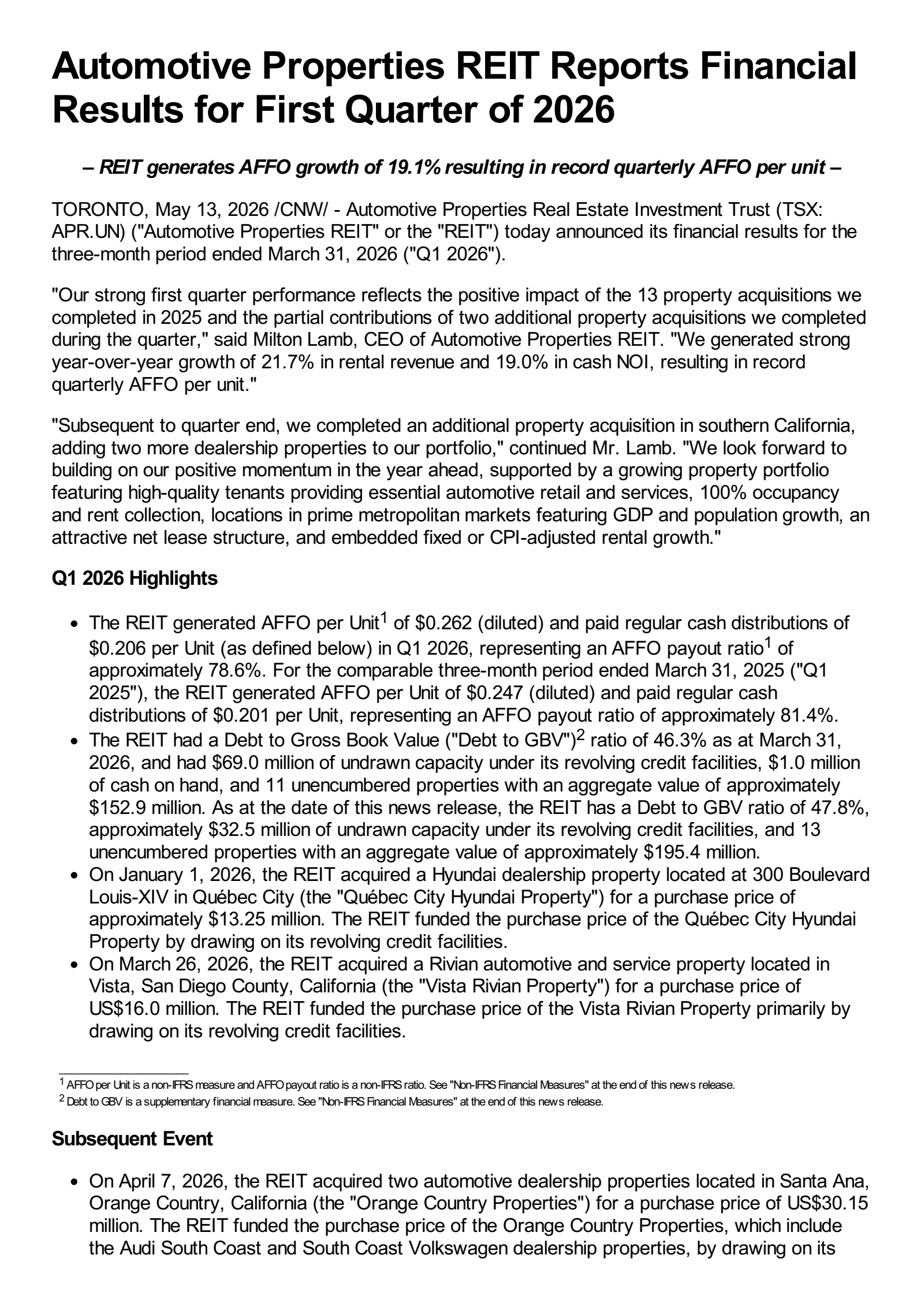Automotive Properties Real Est Invt TR's Q1 2026 Press Release
