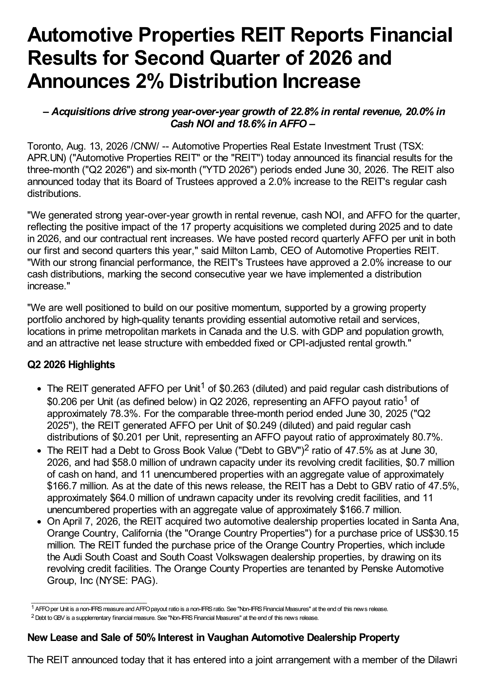 Automotive Properties Real Est Invt TR's Q2 2026 Press Release