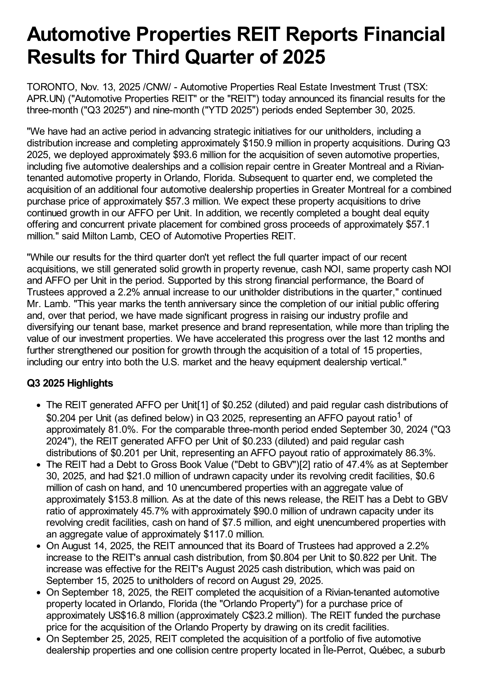 Automotive Properties Real Est Invt TR's Q3 2025 Earnings Release