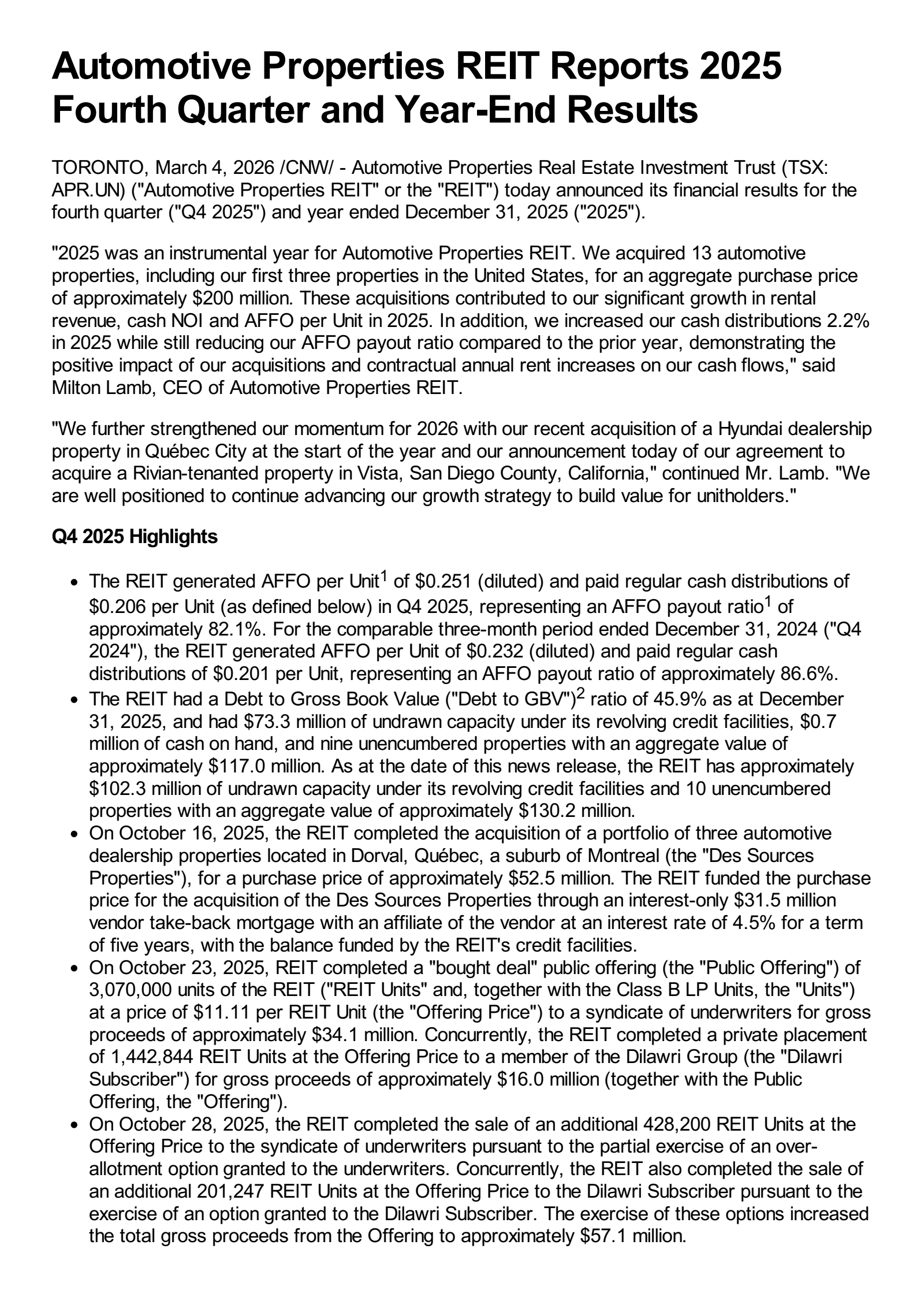 Automotive Properties Real Est Invt TR's Q4 2025 Press Release