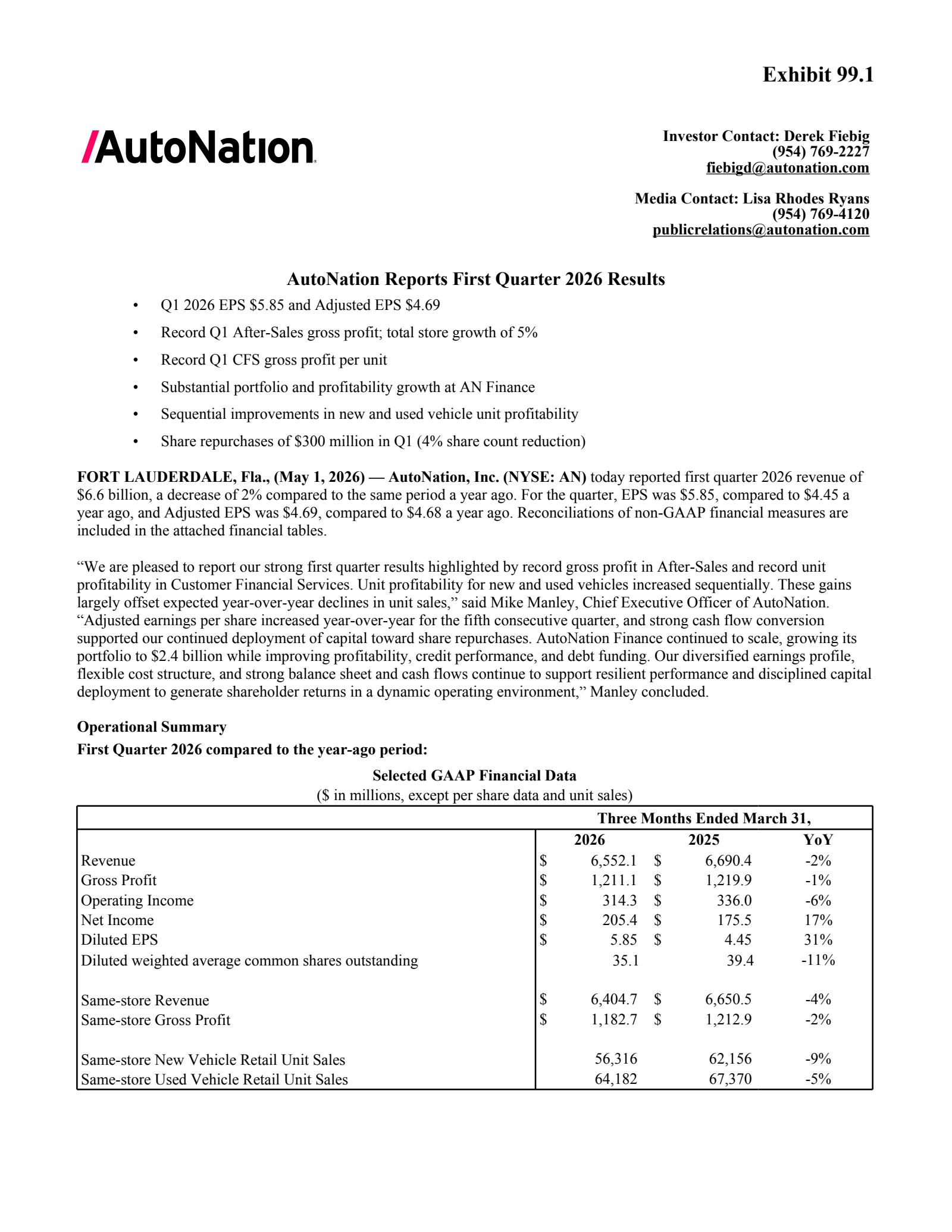 AutoNation's Q1 2026 Press Release