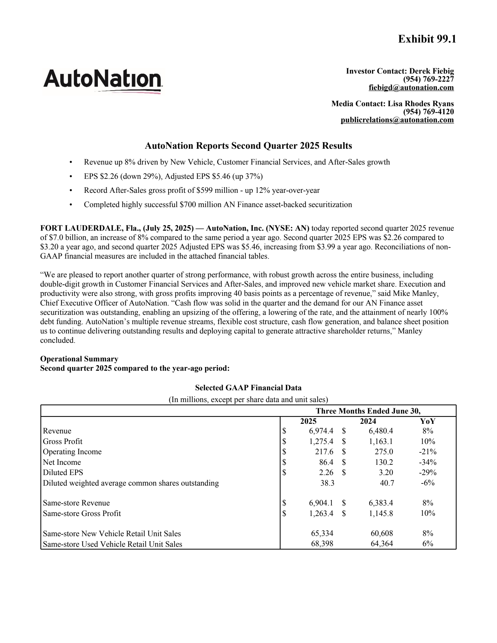 AutoNation's Q2 2025 Press Release