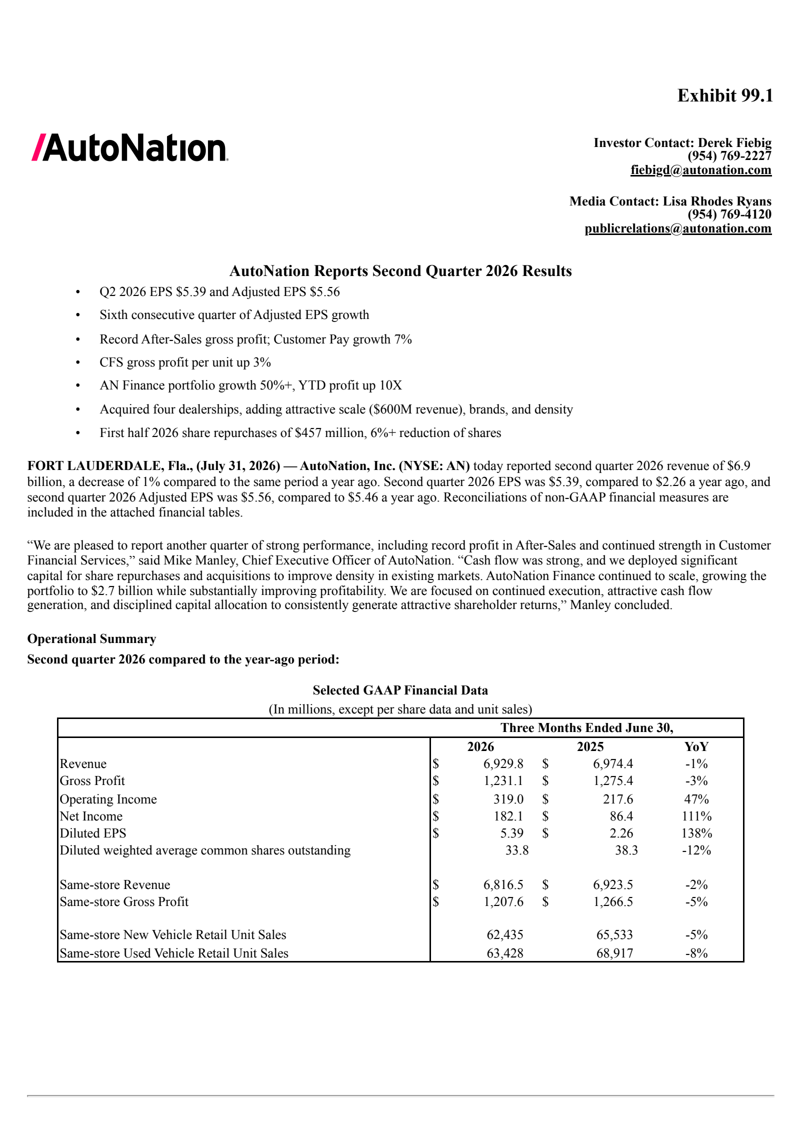 AutoNation's Q2 2026 Press Release