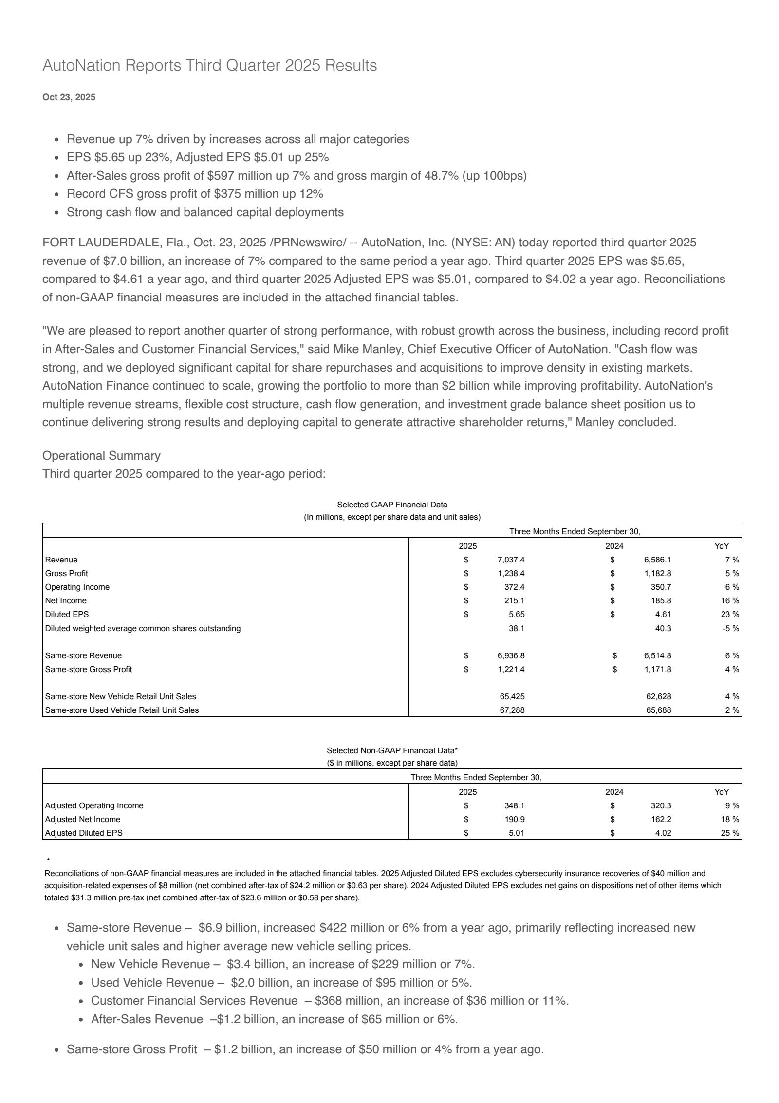 AutoNation's Q3 2025 Earnings Release