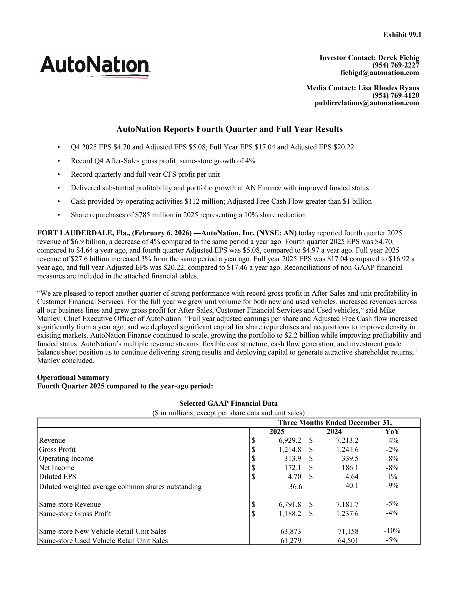 AutoNation's Q4 2025 Press Release