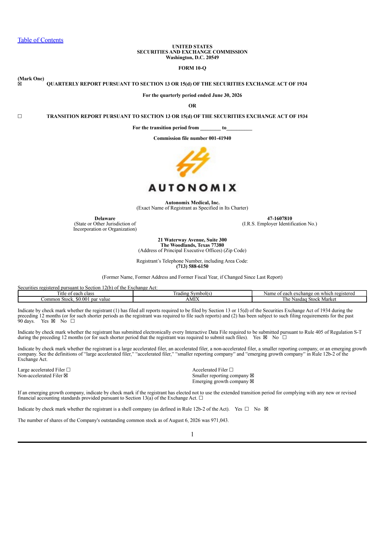 Autonomix Medical's Q1 2027 Quarterly report