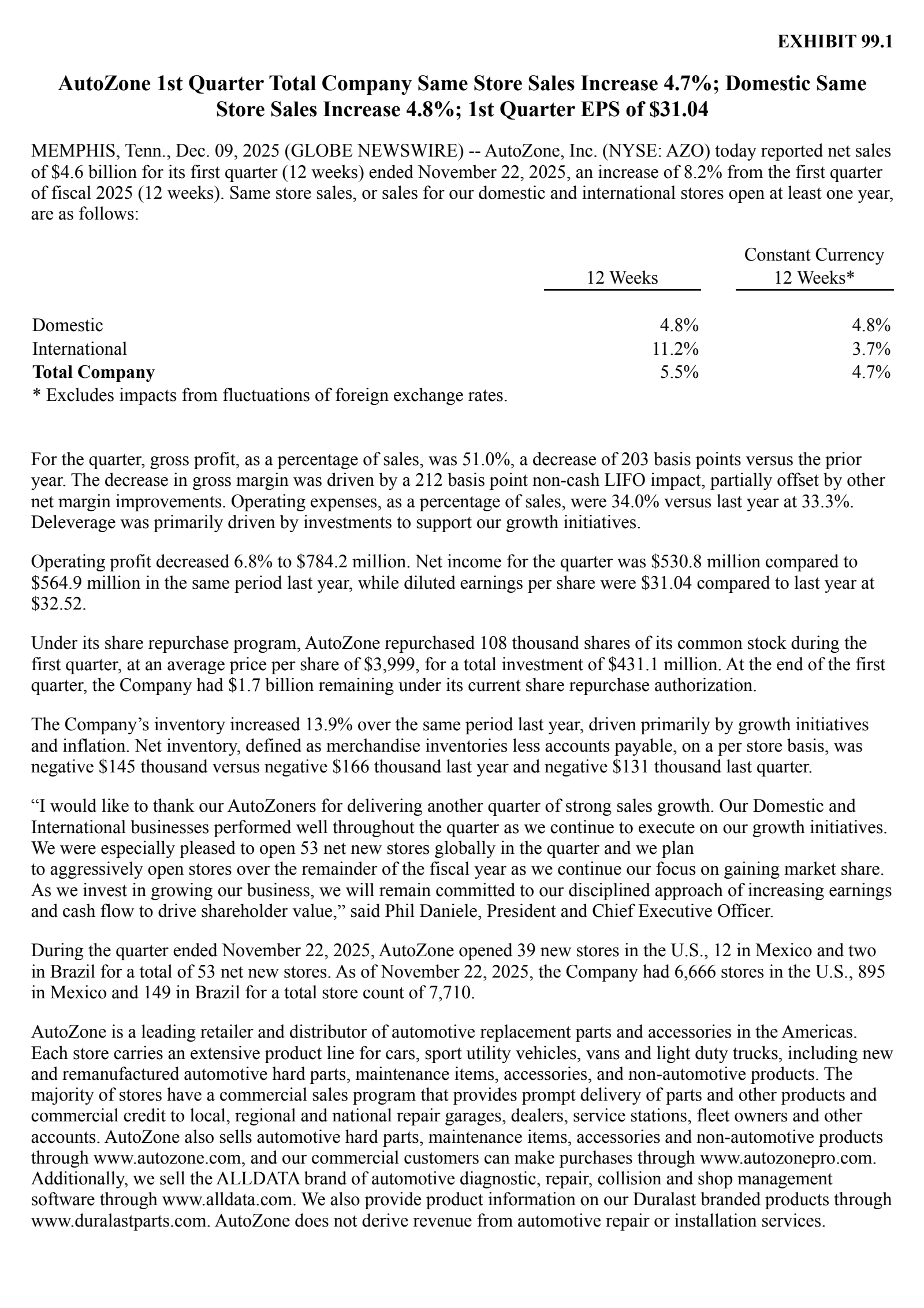 AutoZone's Q1 2026 Earnings Release