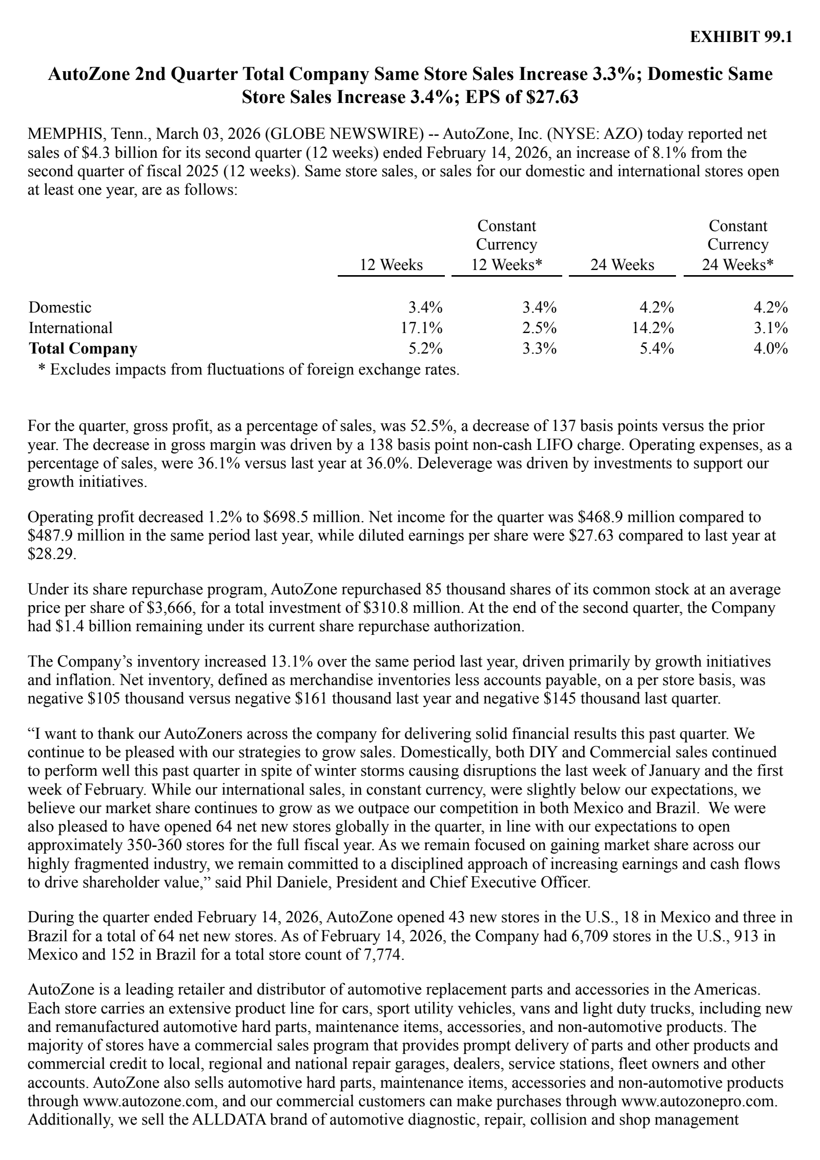 AutoZone's Q2 2026 Press Release