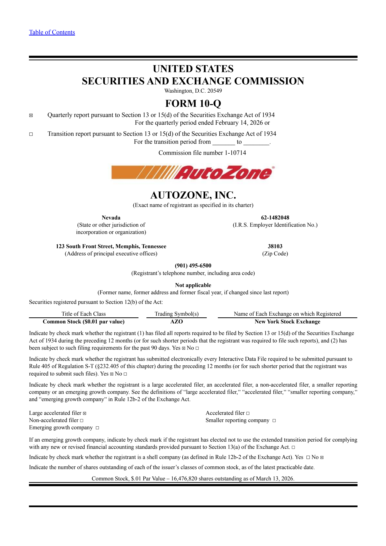 AutoZone's Q2 2026 Quarterly report