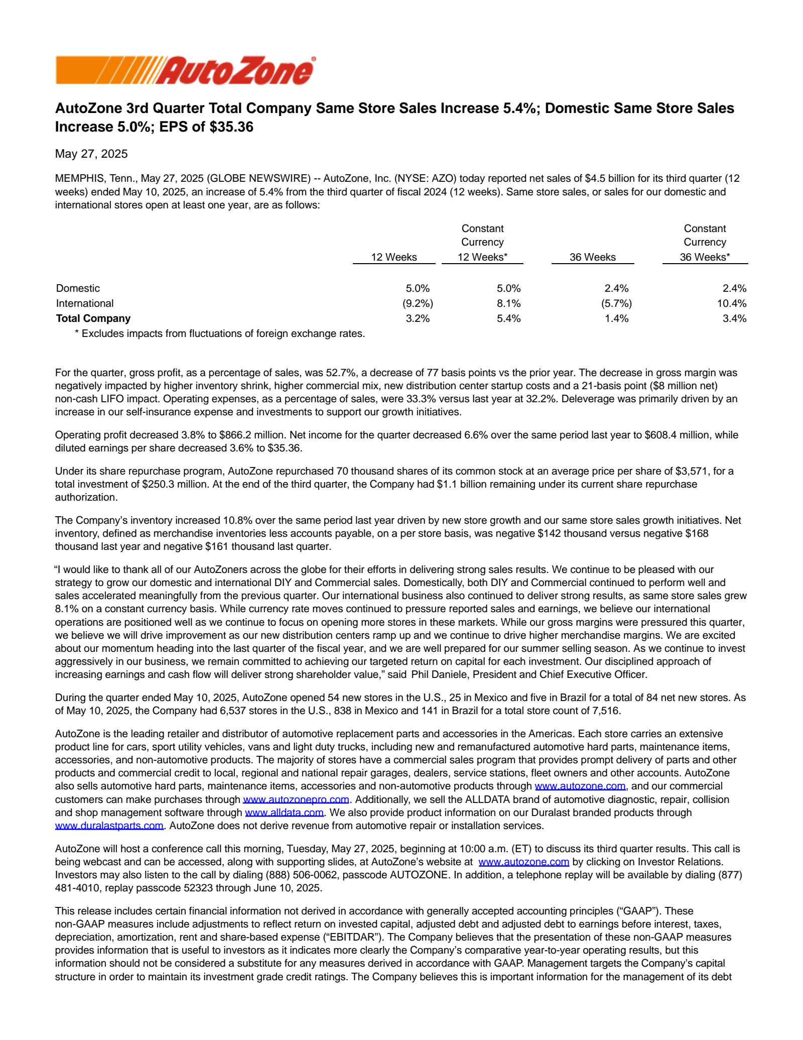 AutoZone's Q3 2025 Press Release