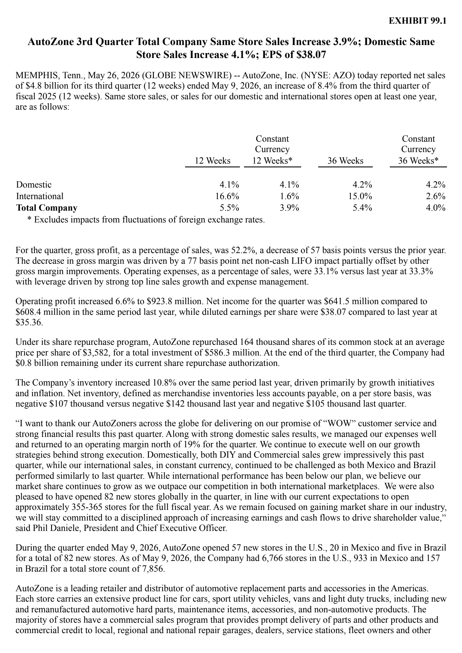 AutoZone's Q3 2026 Press Release