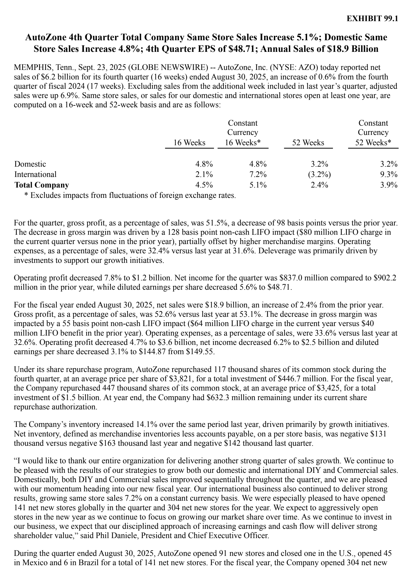 AutoZone's Q4 2025 Earnings Release