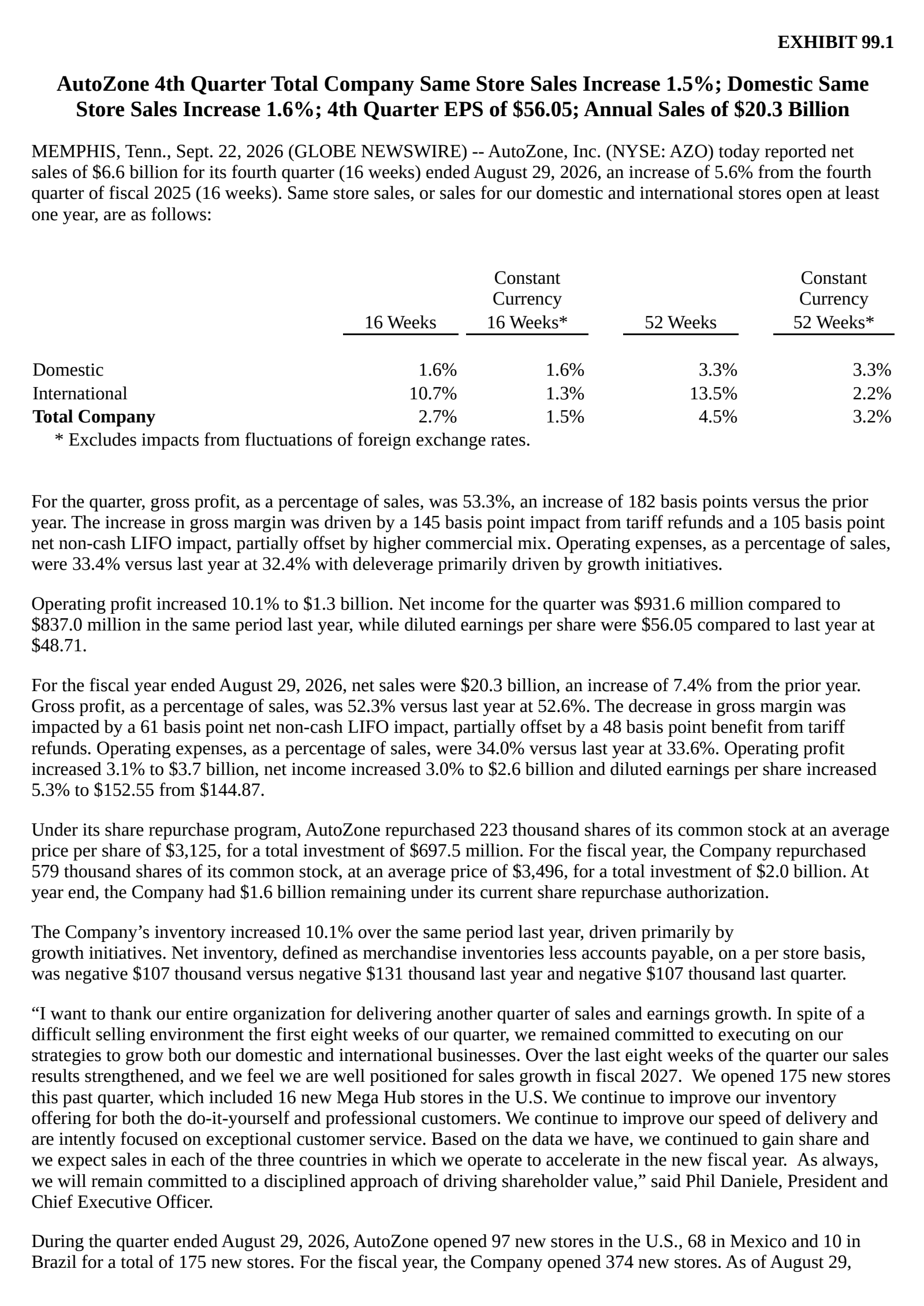 AutoZone's Q4 2026 Press Release