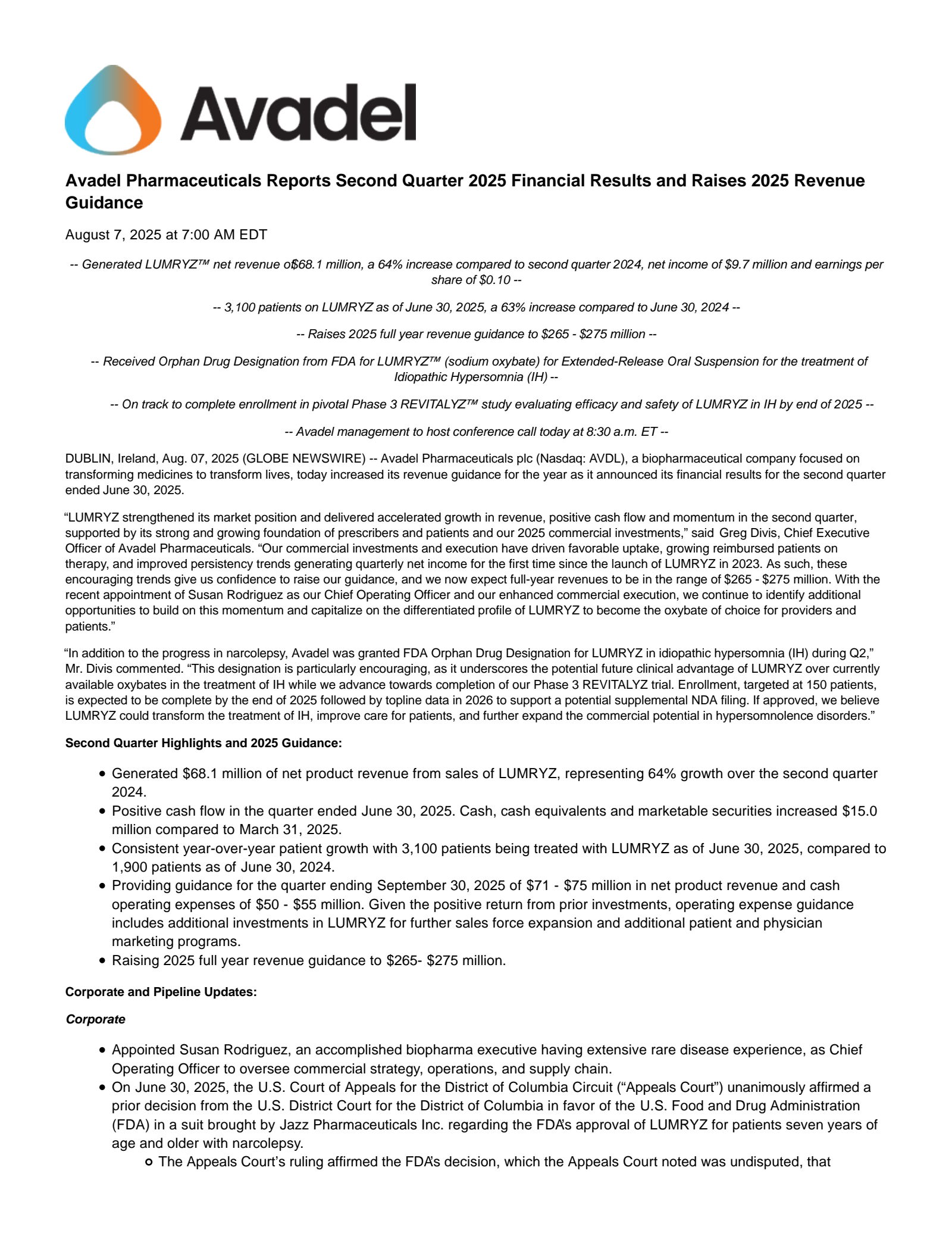 Avadel Pharmaceuticals' Q2 2025 Press Release